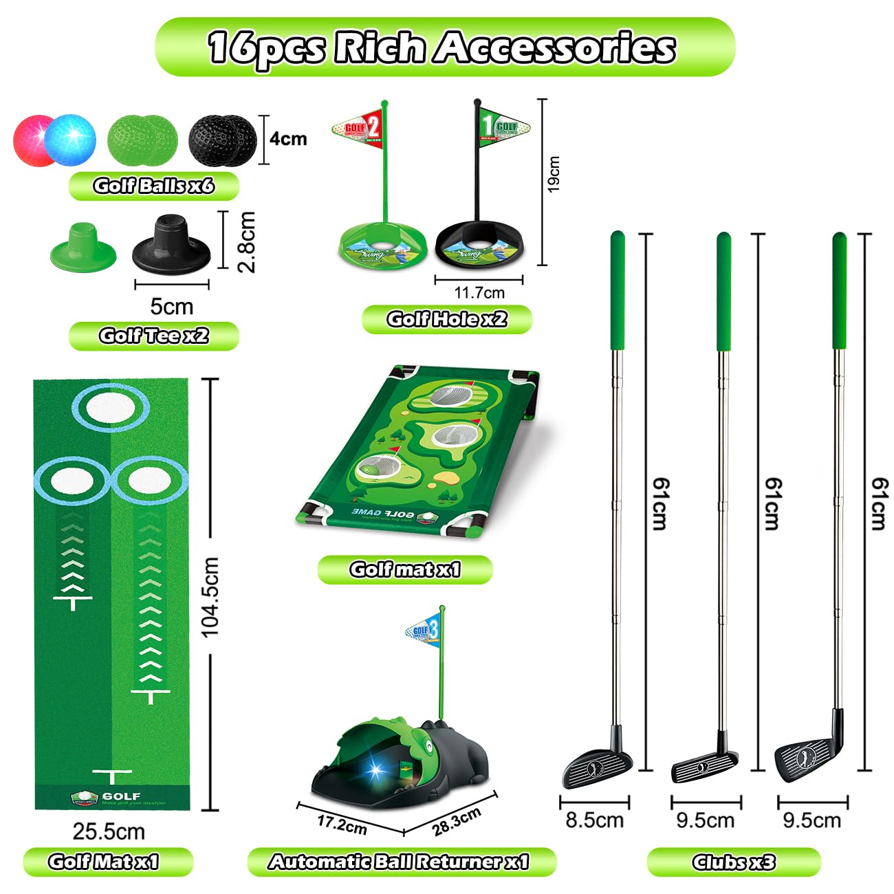 TERRAMUS 3 in 1 Kids Golf Set — Dinosaur Auto Ball Returner, LED Glow Balls, Indoor Putting Mat