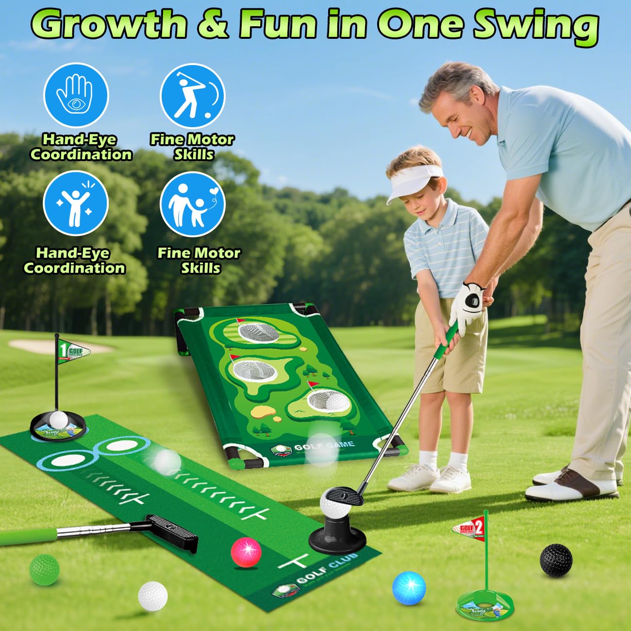 TERRAMUS 3 in 1 Kids Golf Set — Dinosaur Auto Ball Returner, LED Glow Balls, Indoor Putting Mat