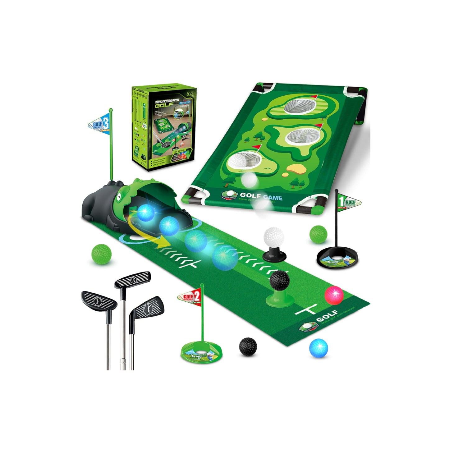 TERRAMUS 3 in 1 Kids Golf Set — Dinosaur Auto Ball Returner, LED Glow Balls, Indoor Putting Mat