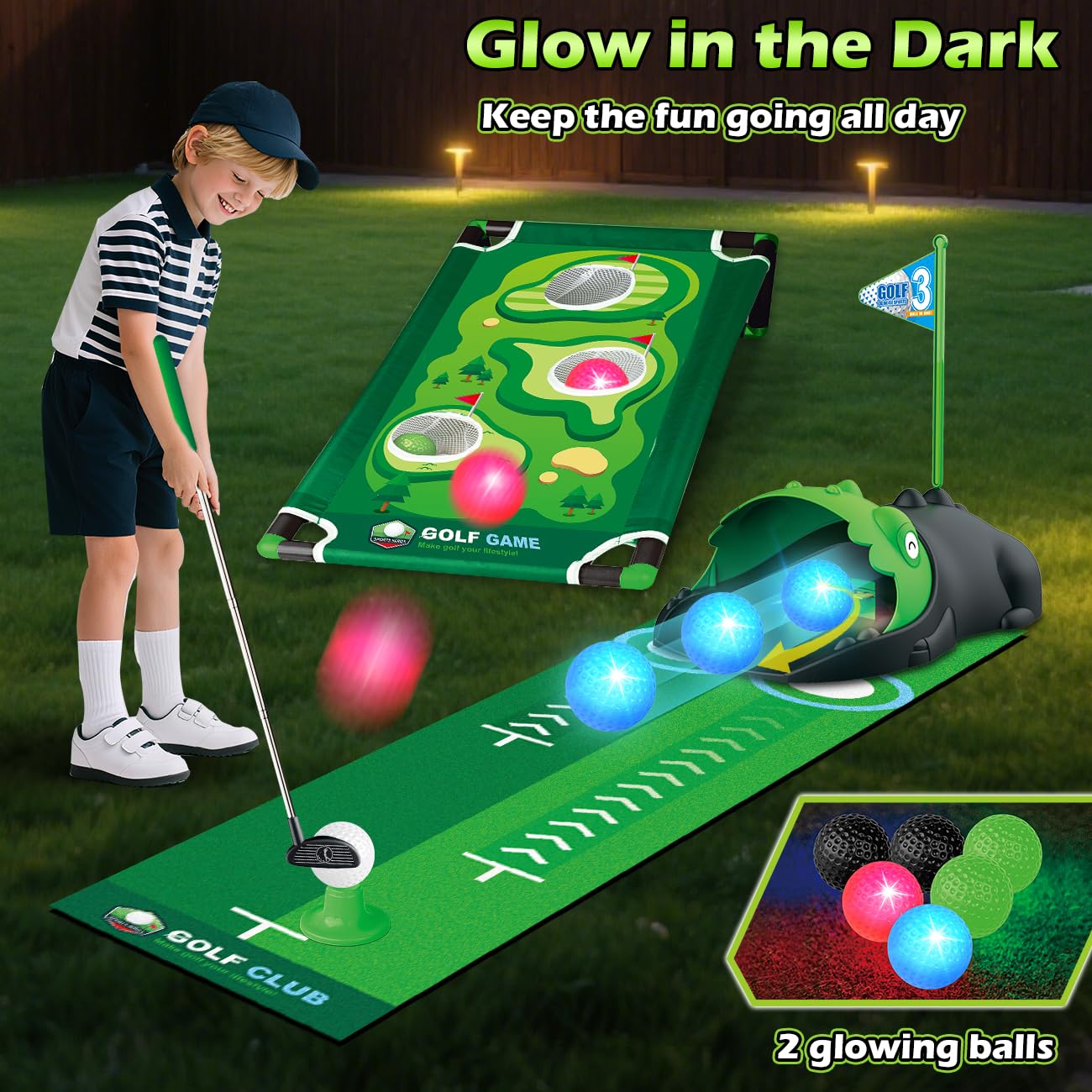 TERRAMUS 3 in 1 Kids Golf Set — Dinosaur Auto Ball Returner, LED Glow Balls, Indoor Putting Mat