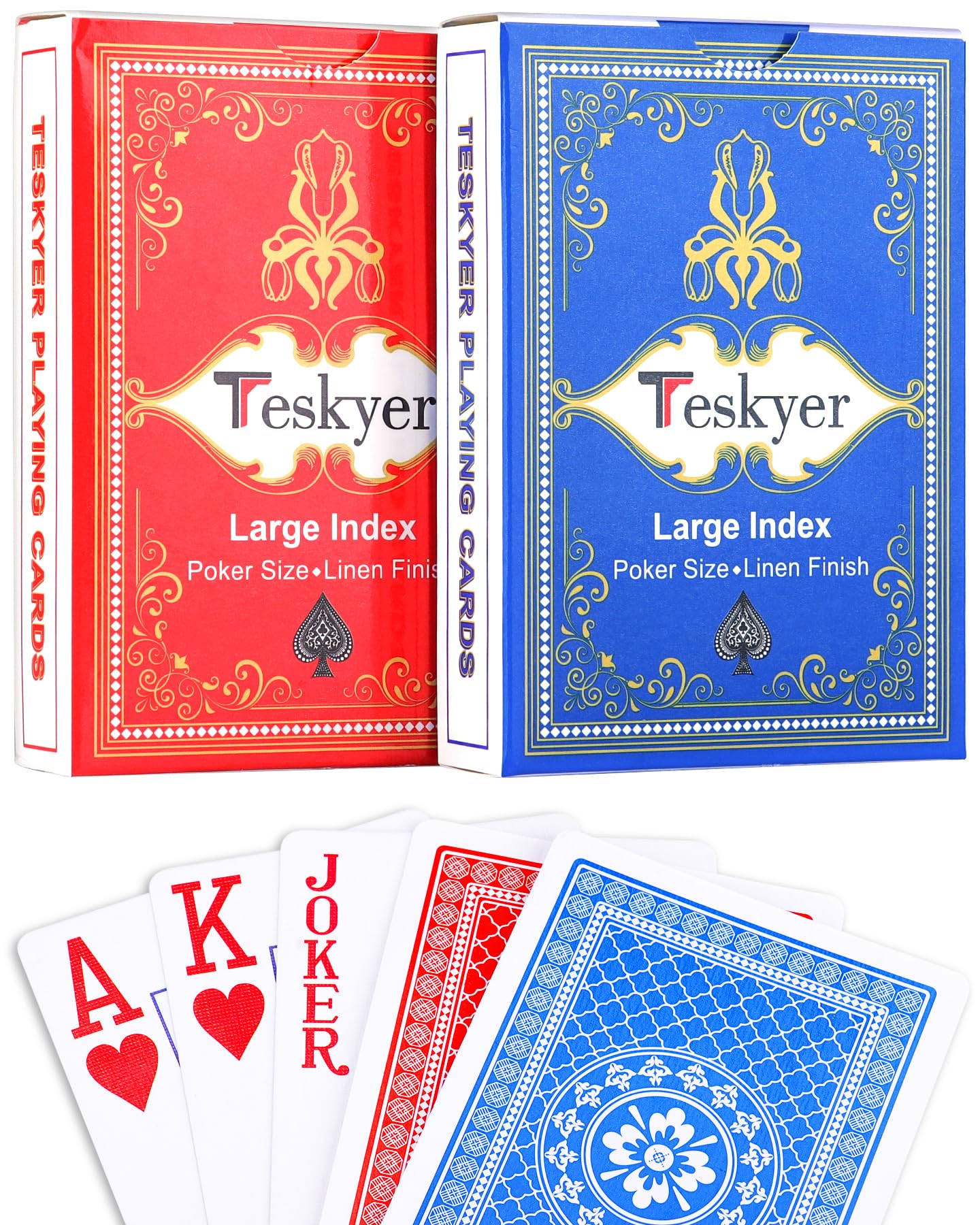 Teskyer 2 Pack Large Print Playing Cards – Large Index, Poker Size, Linen Finish
