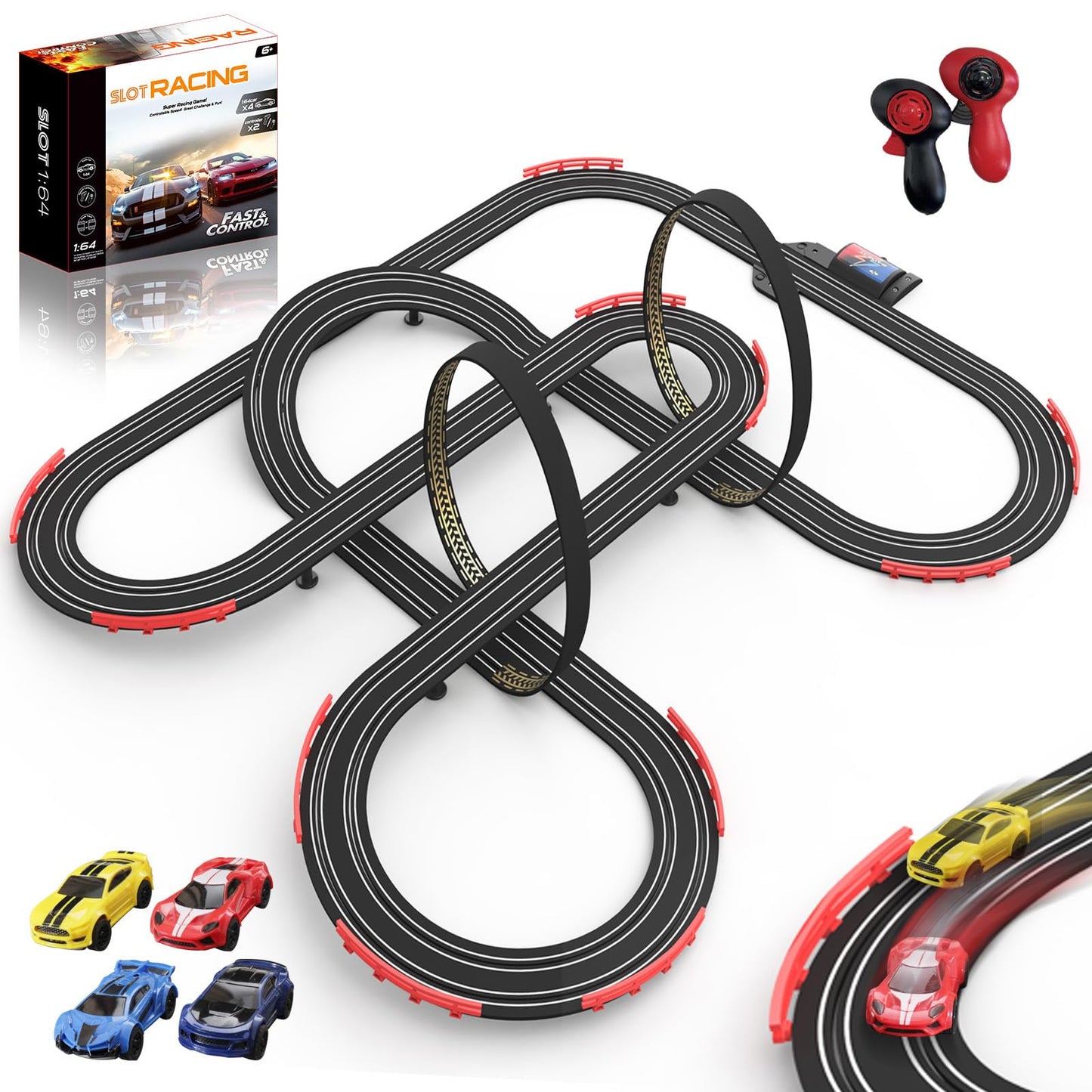Teslala 32ft Slot Car Track Set — 4 Cars, 2 Controllers, Easy Setup