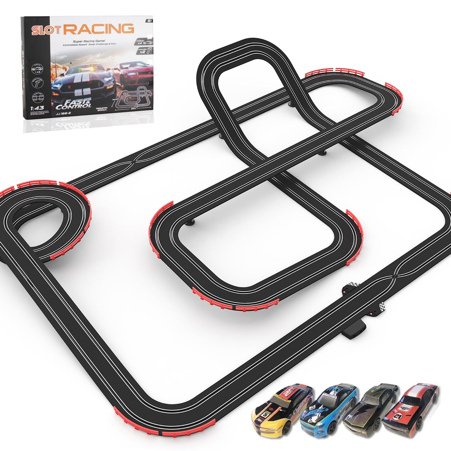 Teslala Slot Car Racing Track 40ft – 1:43 Scale, 4 Cars & 2 Controllers