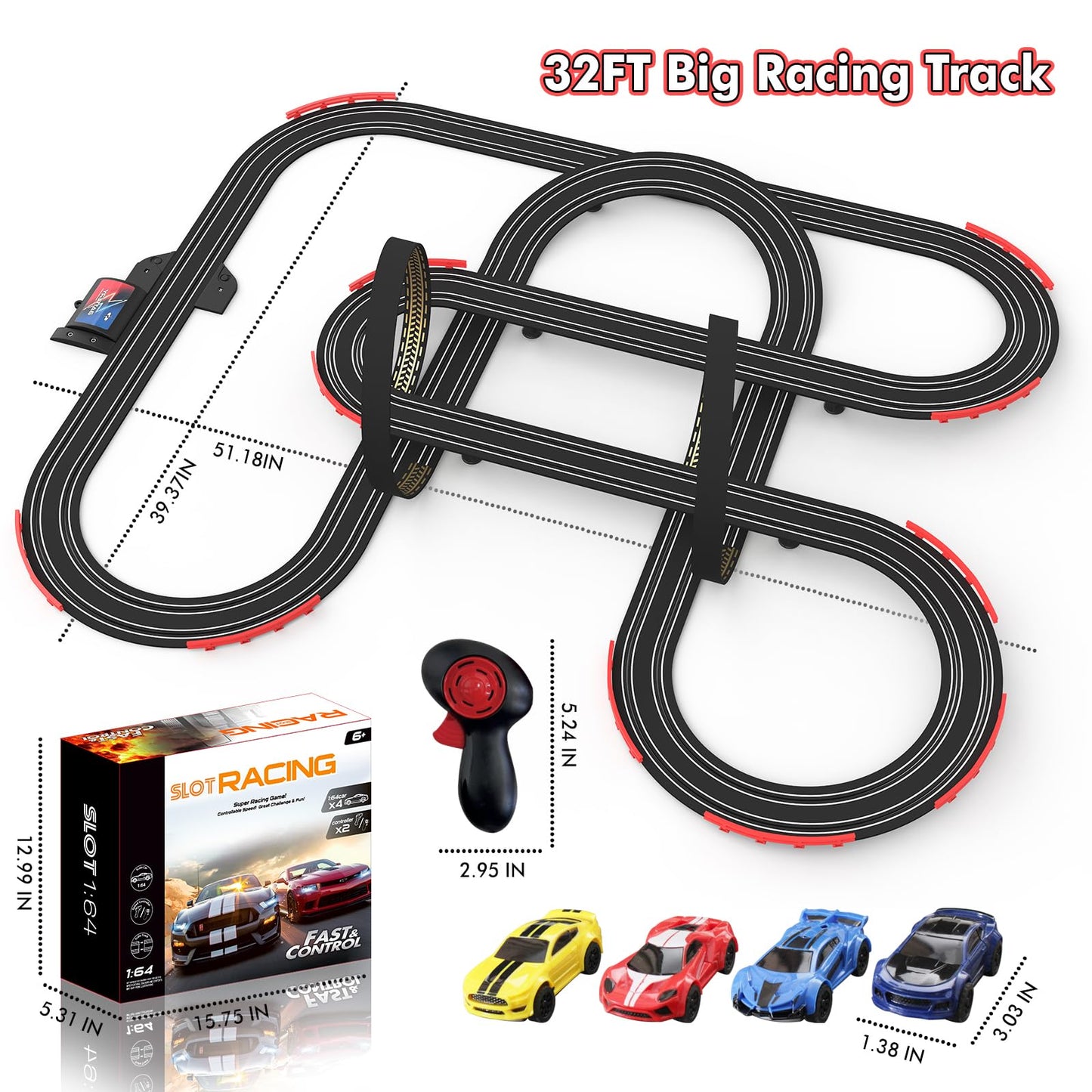 Teslala 32ft Slot Car Track Set — 4 Cars, 2 Controllers, Easy Setup
