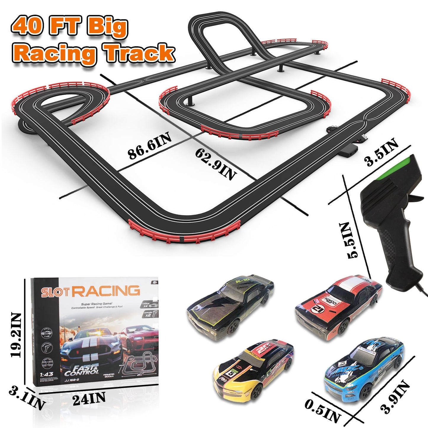 Teslala Slot Car Racing Track 40ft – 1:43 Scale, 4 Cars & 2 Controllers