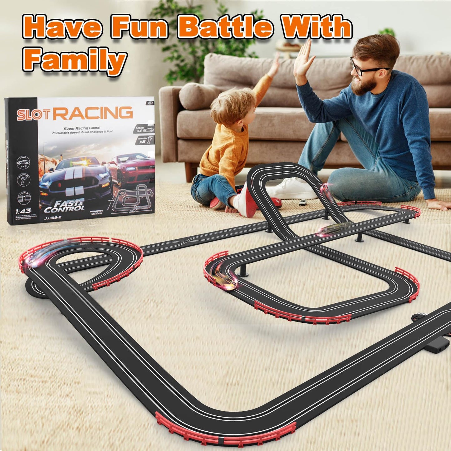 Teslala Slot Car Racing Track 40ft – 1:43 Scale, 4 Cars & 2 Controllers
