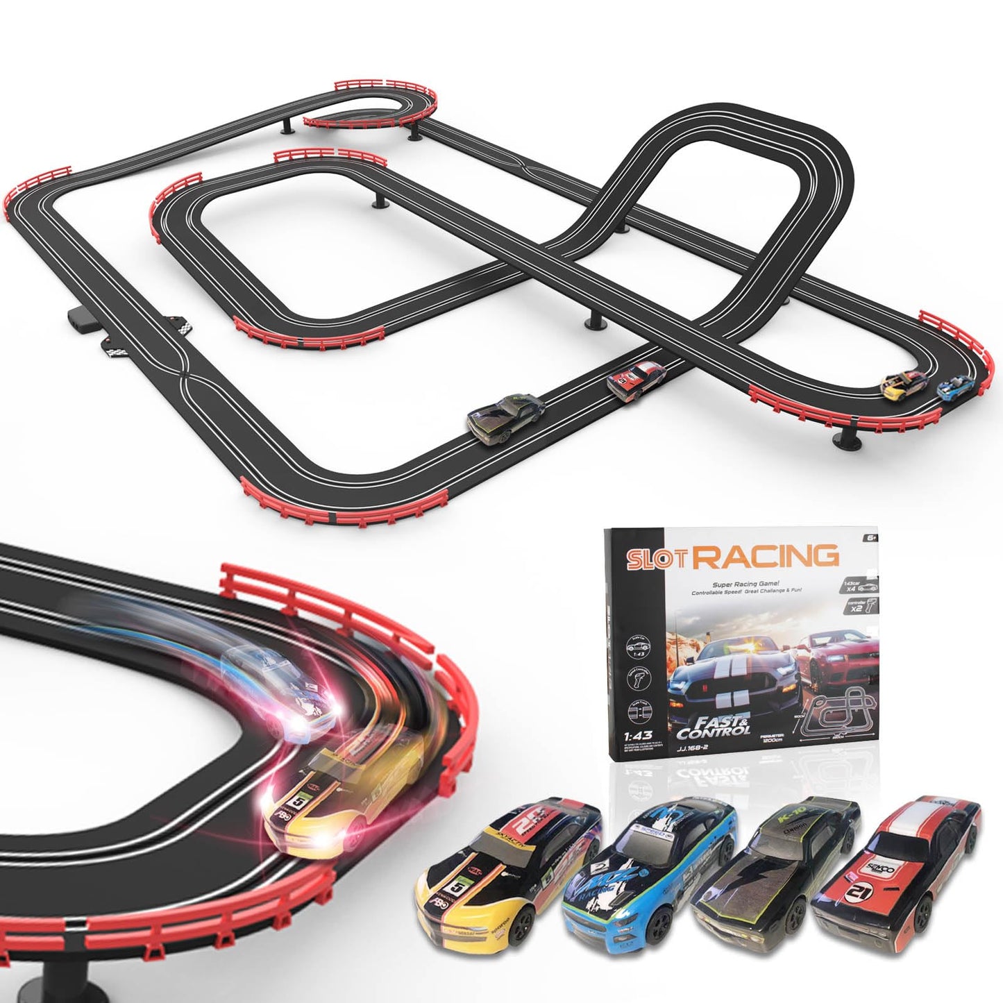 Teslala Slot Car Racing Track 40ft – 1:43 Scale, 4 Cars & 2 Controllers