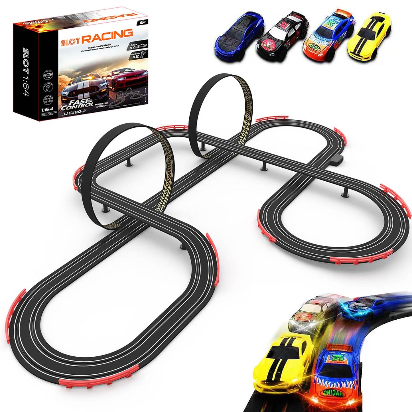 Teslala 28ft Slot Racing Track Set – 4 Cars & 2 Controllers for Kids 6-8