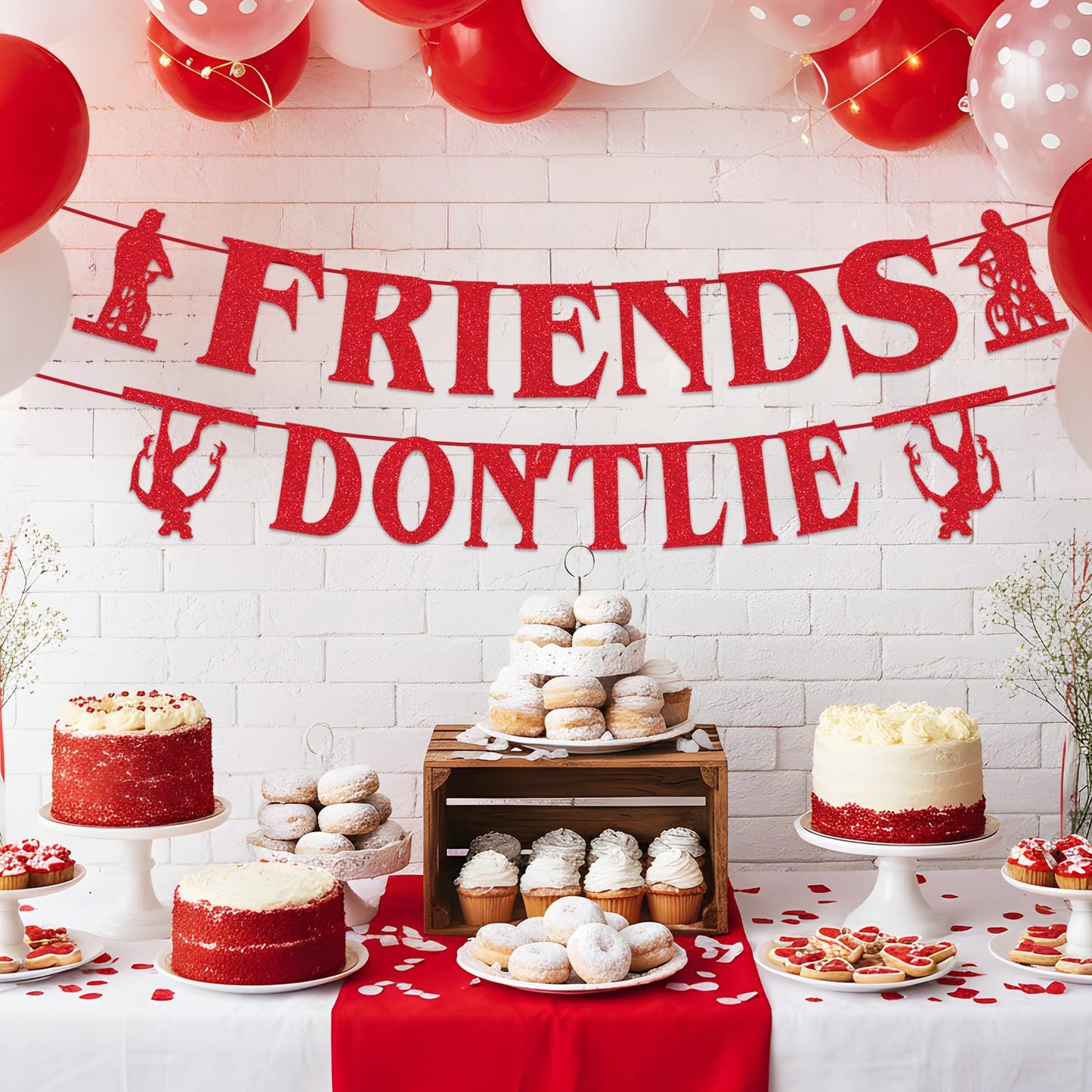tetcuican Stranger Birthday Banner – Red Glitter Friends Don’t Lie – Horror Theme Decor
