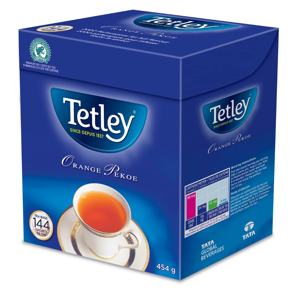 Tetley Orange Pekoe Tea, 144-Count Tea Bags, 454g/1lb (Imported from Canada)