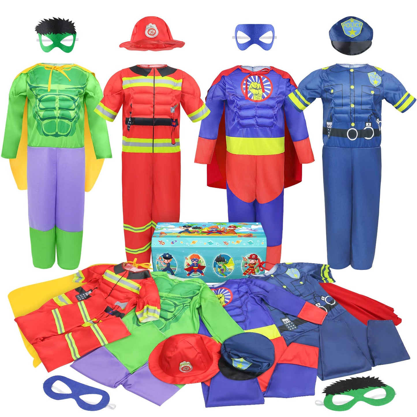 Teuevayl Boys Muscle Chest Costumes Trunk – 4 Roles Dress Up Set (Ages 4-7)
