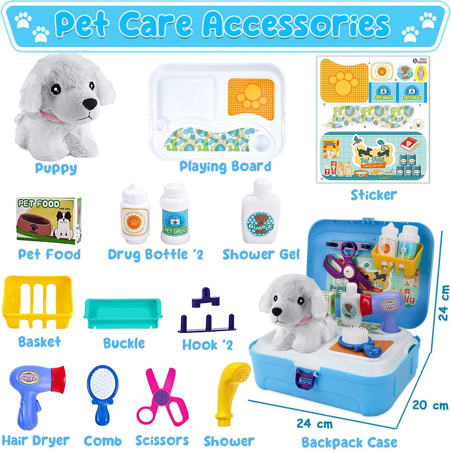 TEUVO Pet Care Playset – 16-Piece Kids Doctor Kit with Plush Dog & Backpack