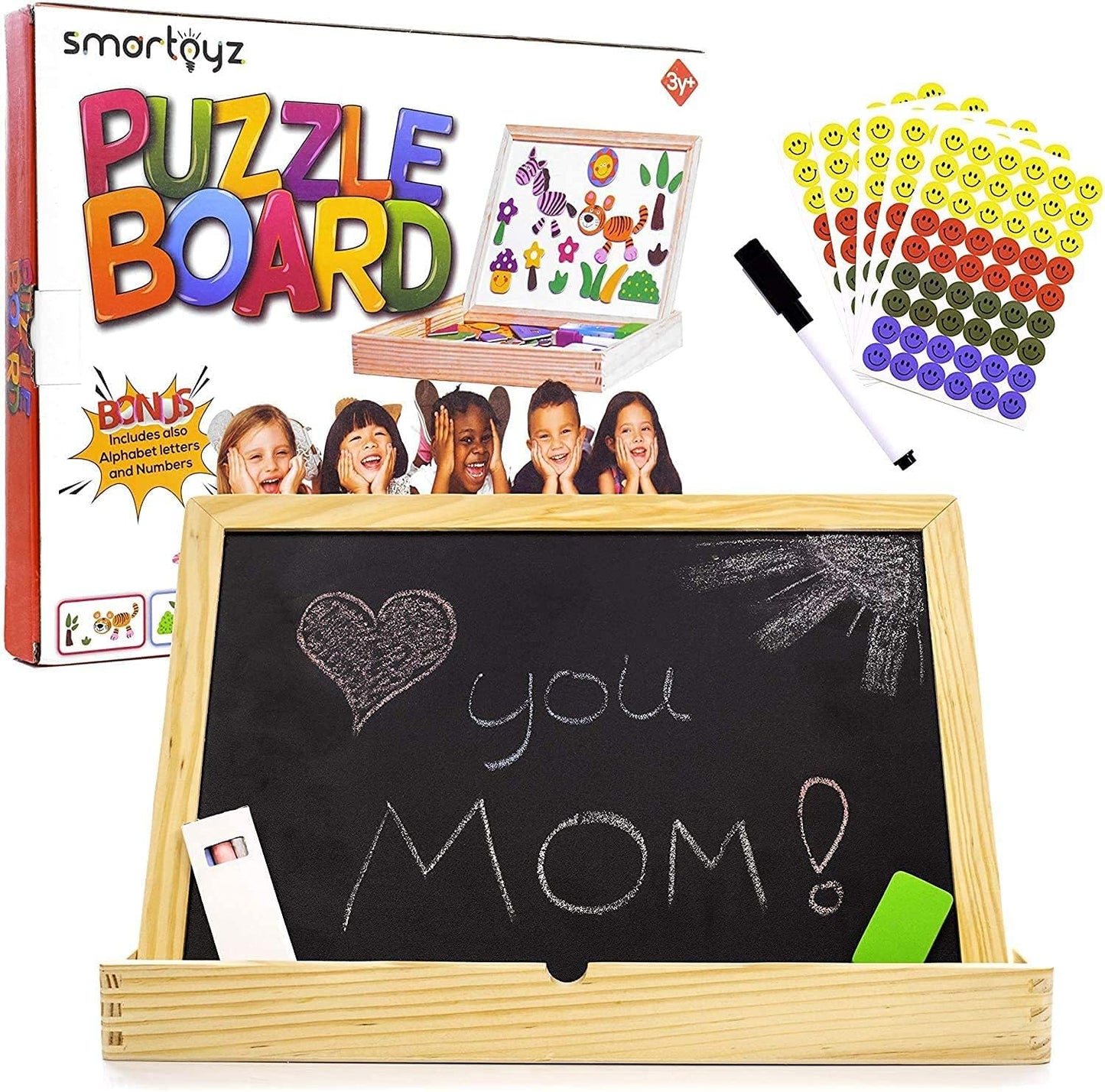 Tevelo XL Wooden Education Toy Magnetic Kit – Easel Tabletop Whiteboard & Chalkboard for Kids 3+