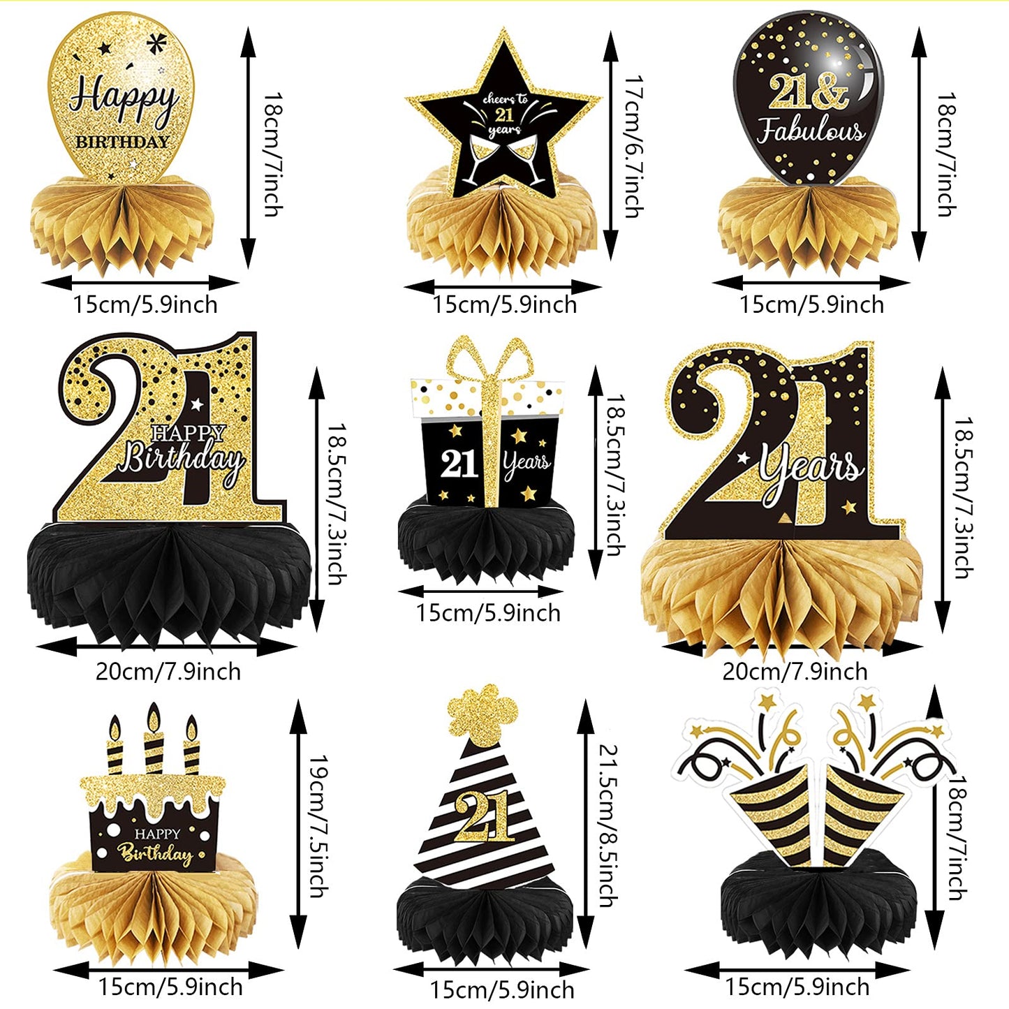 Tevxj 9-Piece 21st Birthday Honeycomb Centerpieces – Gold & Black Table Decor for 21st Birthday Party