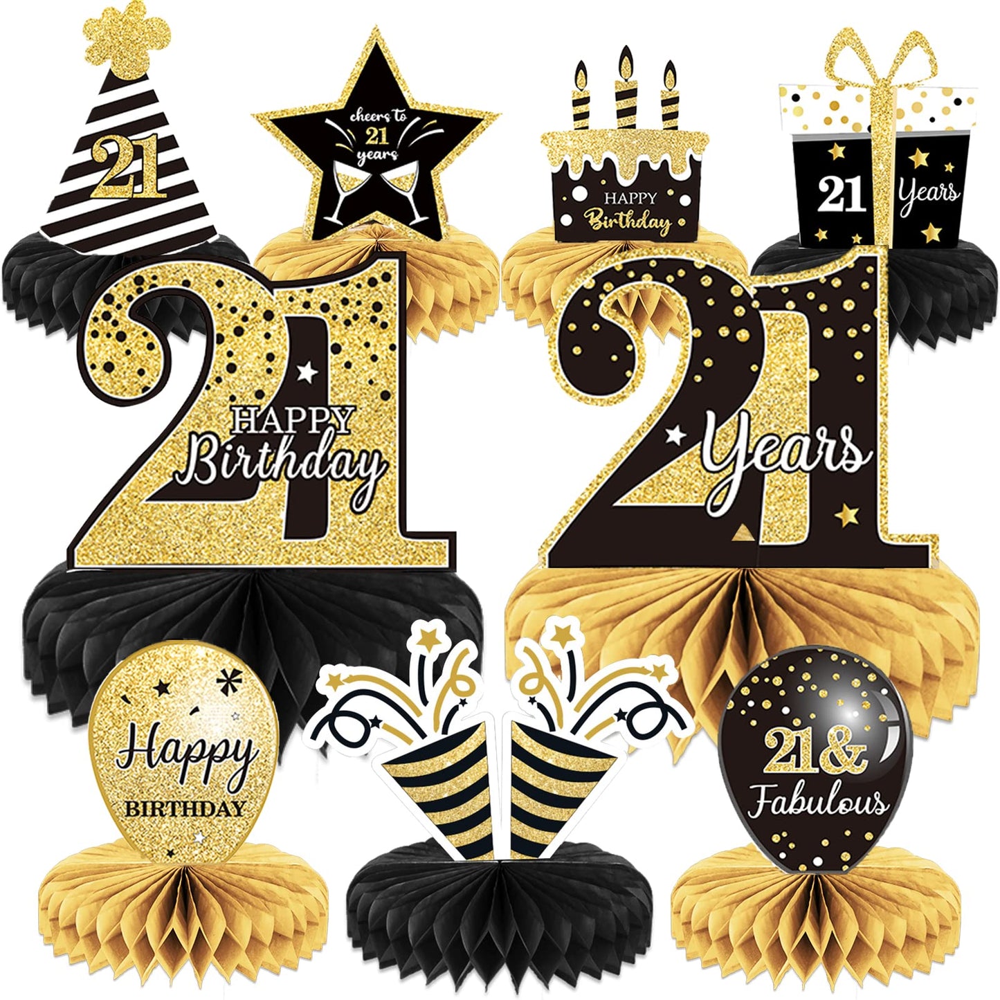 Tevxj 9-Piece 21st Birthday Honeycomb Centerpieces – Gold & Black Table Decor for 21st Birthday Party