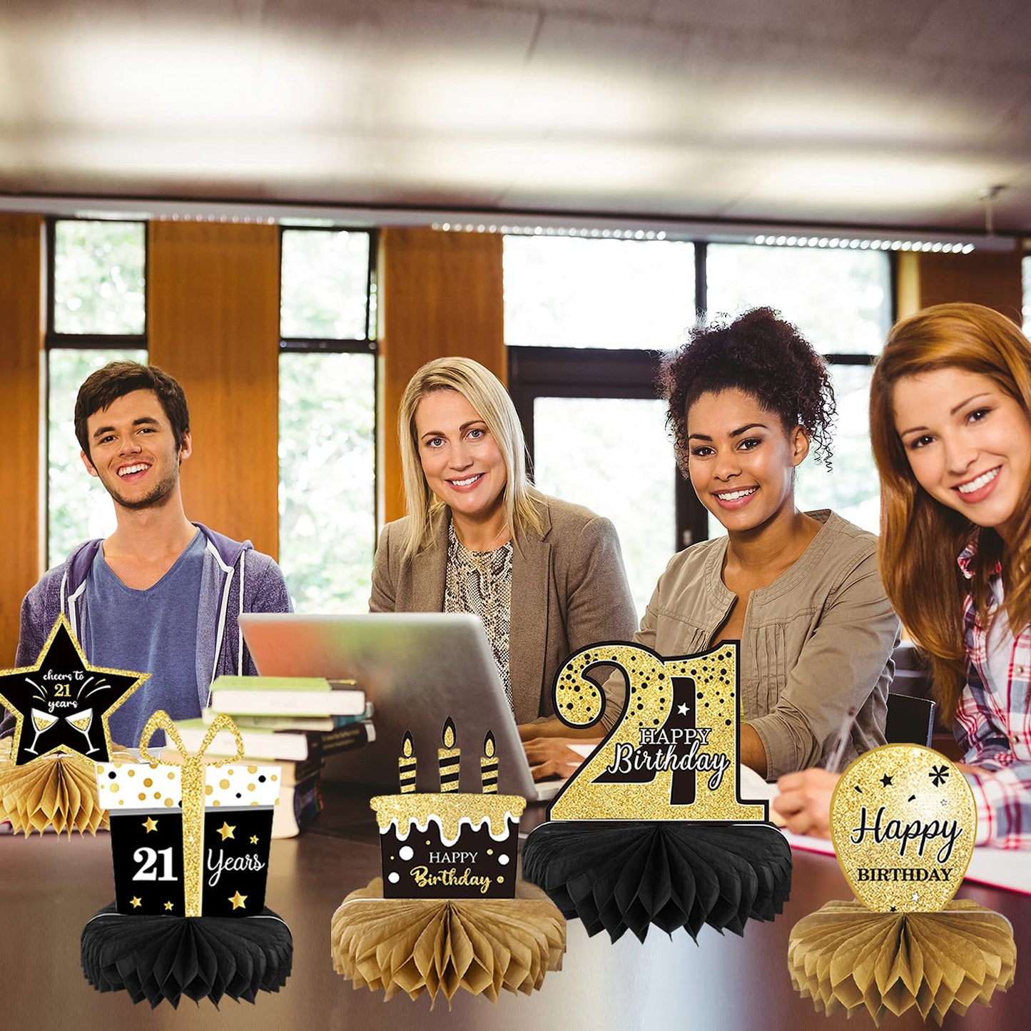 Tevxj 9-Piece 21st Birthday Honeycomb Centerpieces – Gold & Black Table Decor for 21st Birthday Party