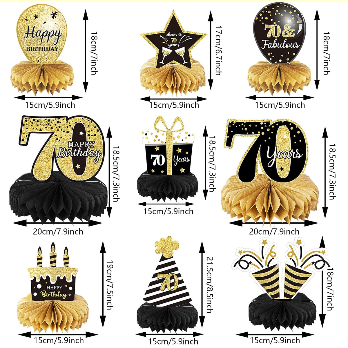 Tevxj 9-Piece 70th Birthday Decorations | Honeycomb Centerpieces for Tables – Cheers to 70 Years