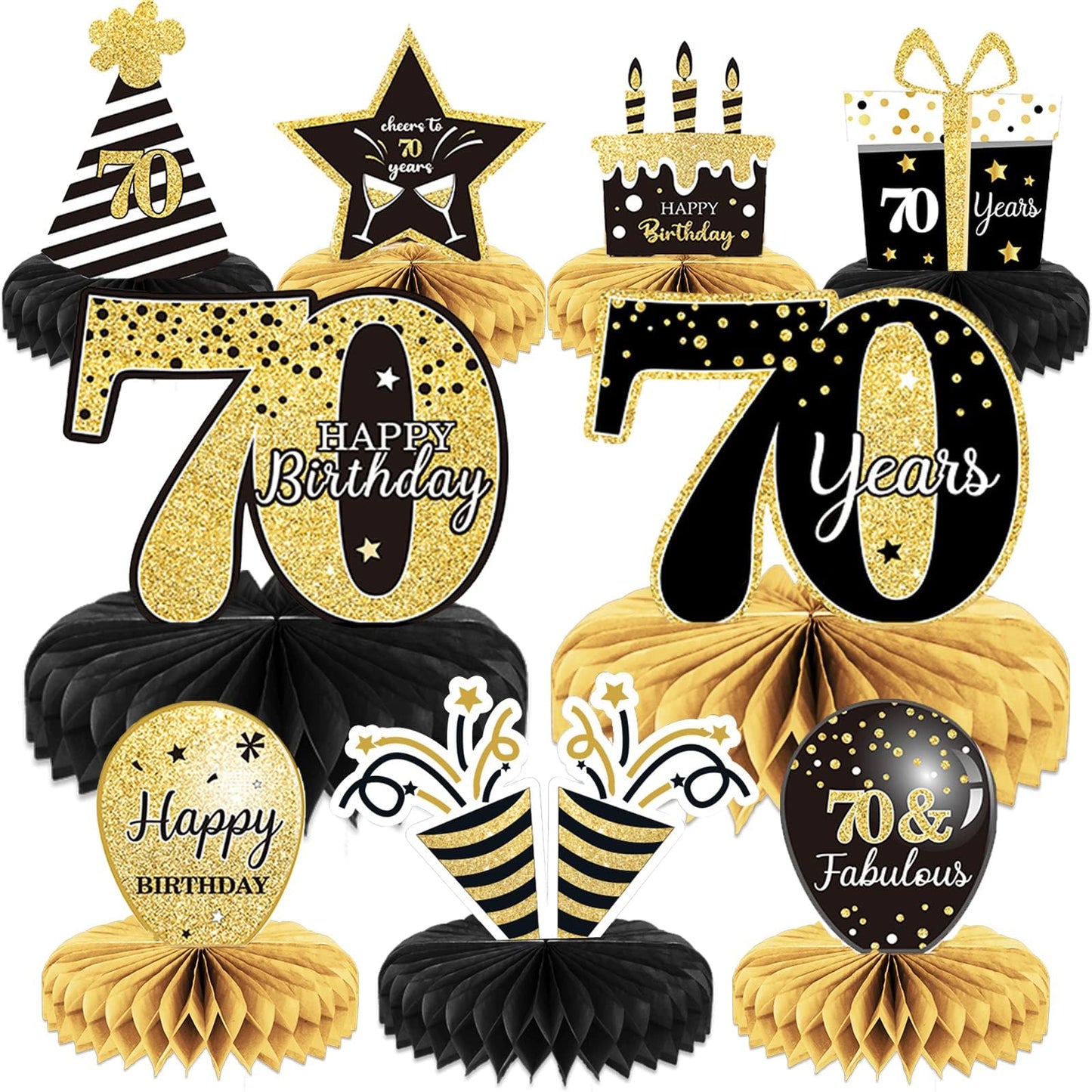 Tevxj 9-Piece 70th Birthday Decorations | Honeycomb Centerpieces for Tables – Cheers to 70 Years