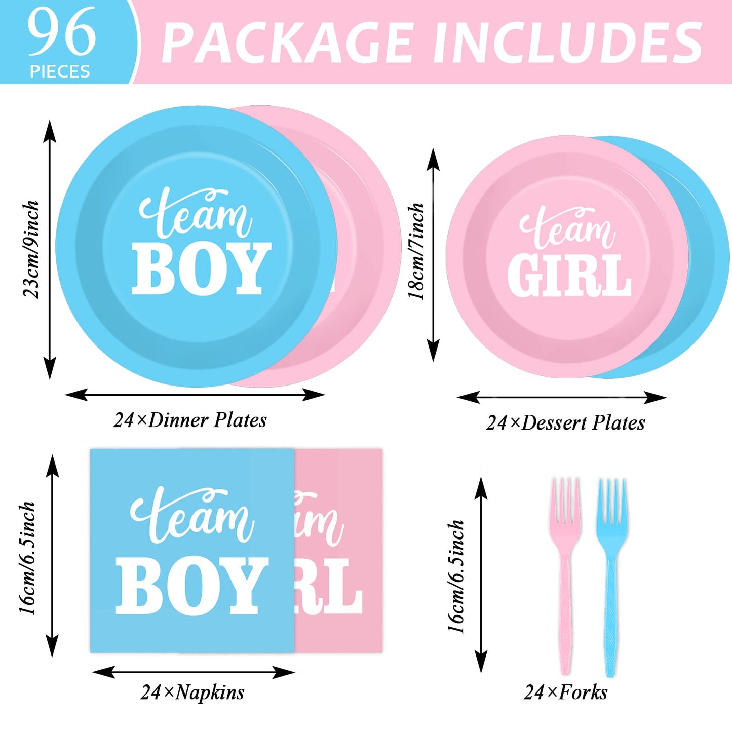 Tevxj 96 PCS Gender Reveal Party Supplies – Plates, Napkins & Forks for 24 Guests
