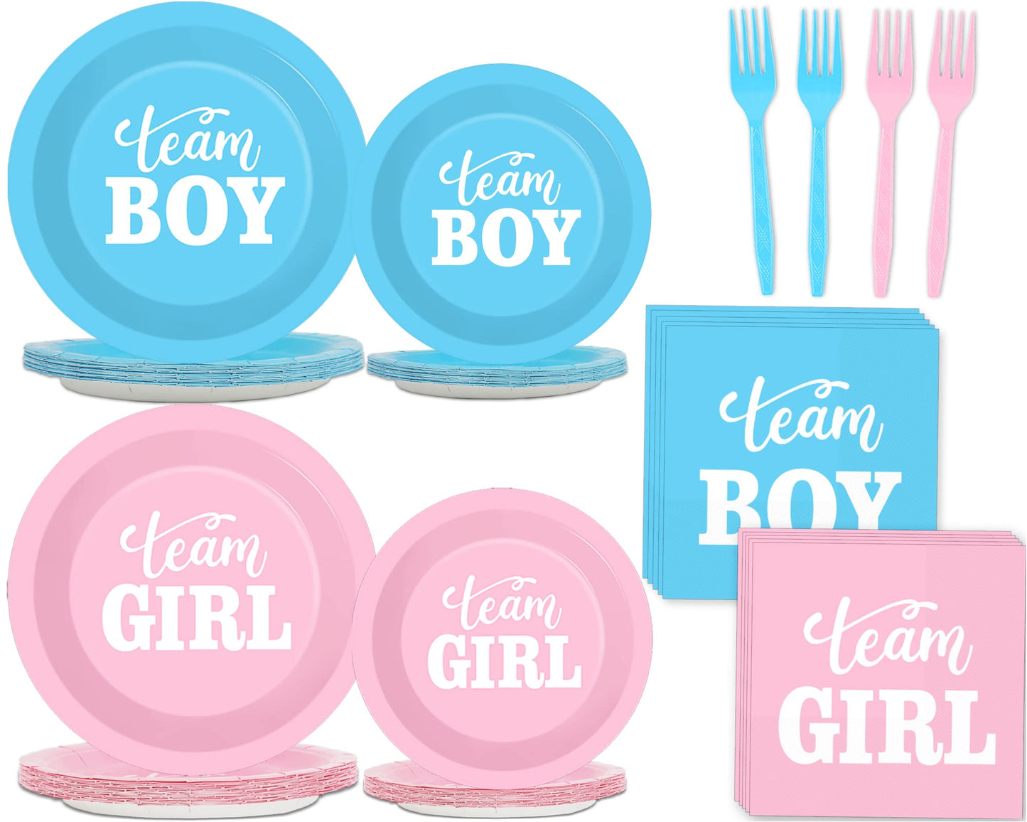 Tevxj 96 PCS Gender Reveal Party Supplies – Plates, Napkins & Forks for 24 Guests