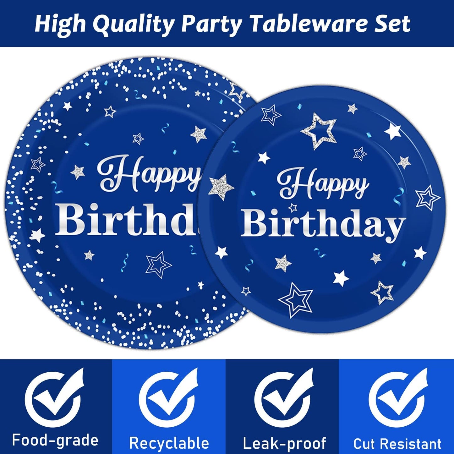 Tevxj Birthday Party Tableware Set – 96PCS Navy Blue & Silver for 24 Guests (Plates, Napkins, Forks)