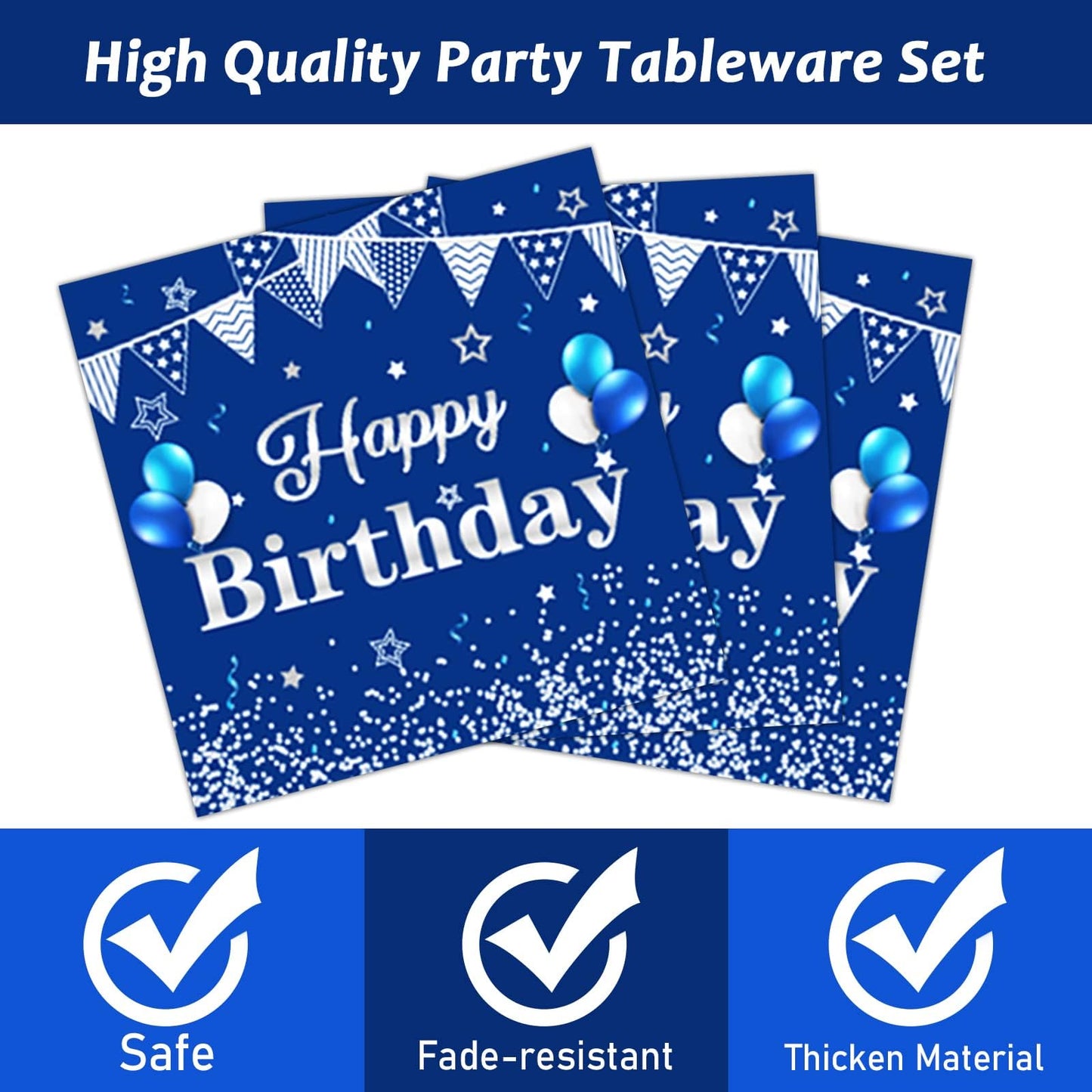 Tevxj Birthday Party Tableware Set – 96PCS Navy Blue & Silver for 24 Guests (Plates, Napkins, Forks)