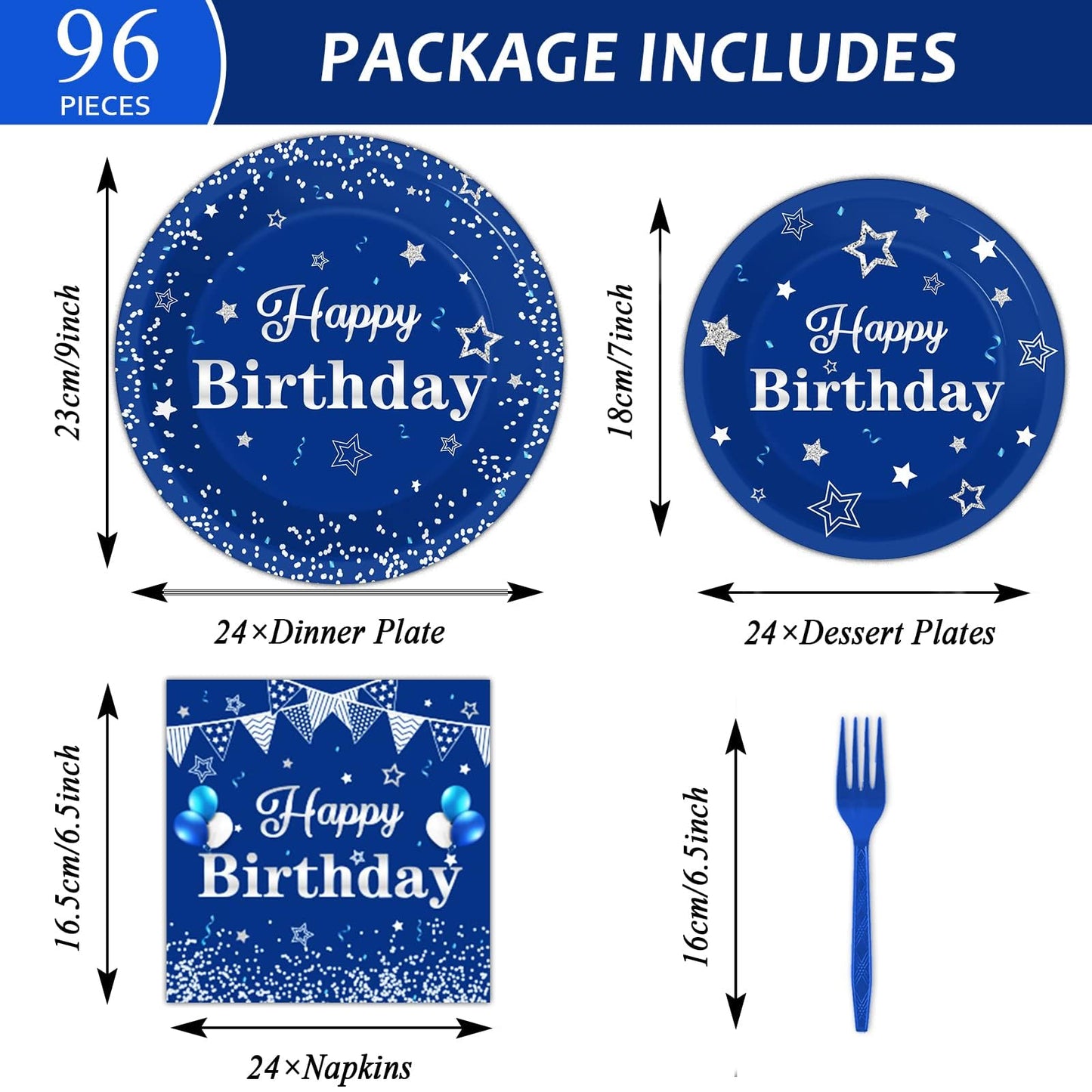 Tevxj Birthday Party Tableware Set – 96PCS Navy Blue & Silver for 24 Guests (Plates, Napkins, Forks)