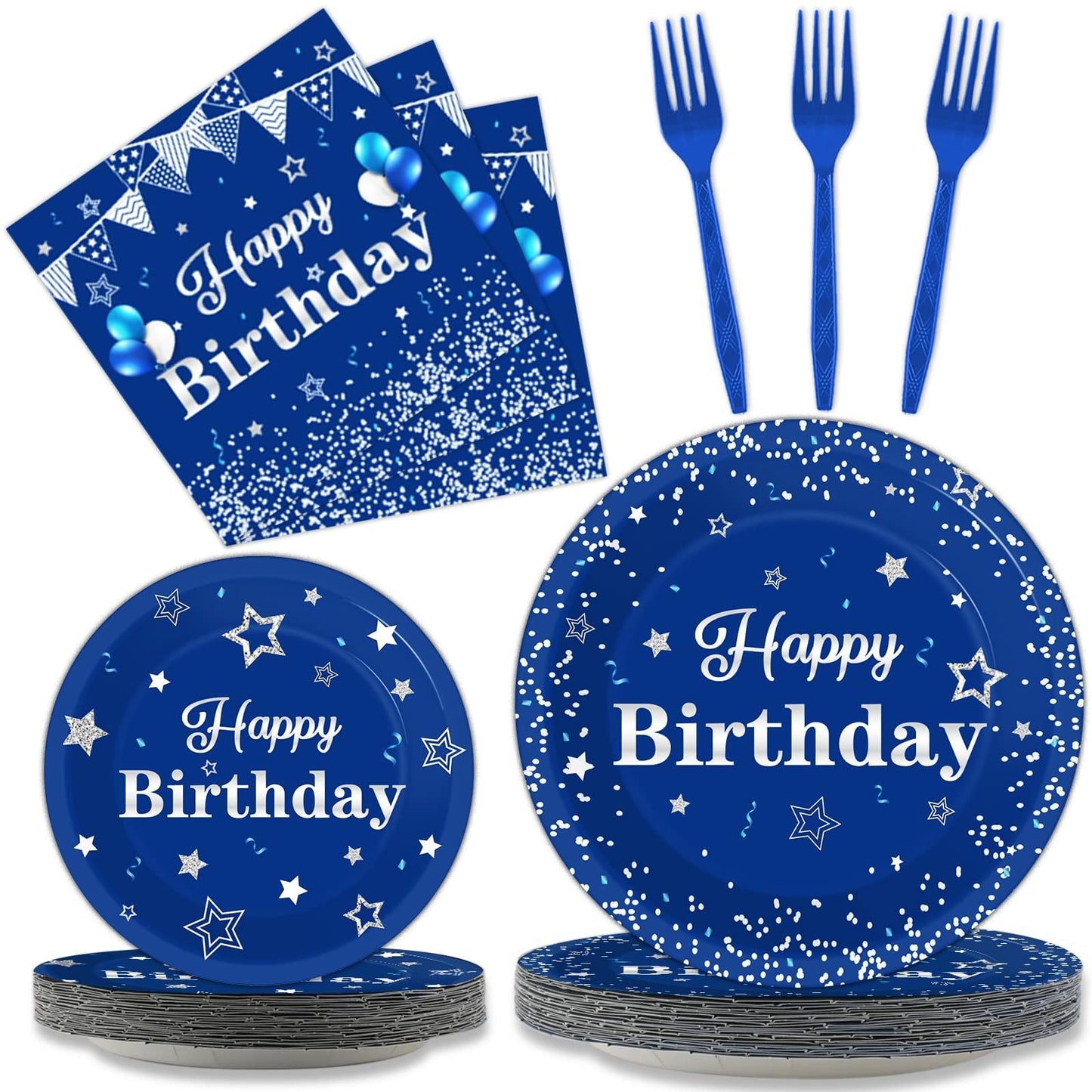 Tevxj Birthday Party Tableware Set – 96PCS Navy Blue & Silver for 24 Guests (Plates, Napkins, Forks)