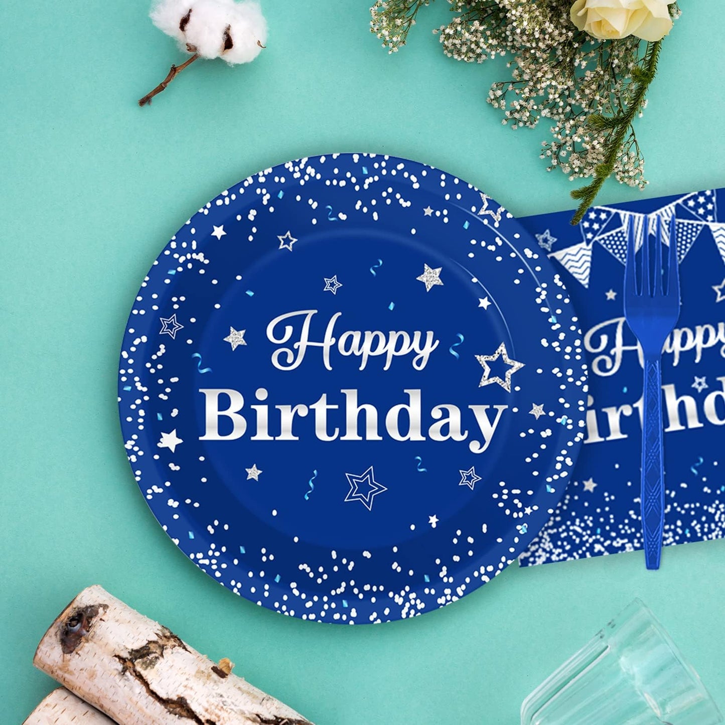 Tevxj Birthday Party Tableware Set – 96PCS Navy Blue & Silver for 24 Guests (Plates, Napkins, Forks)