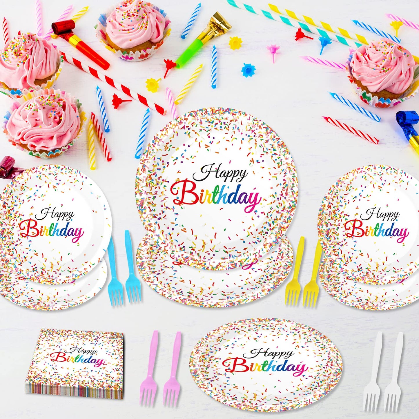 Tevxj 96-Piece Happy Birthday Plates and Napkins Set – Confetti Sprinkles Theme