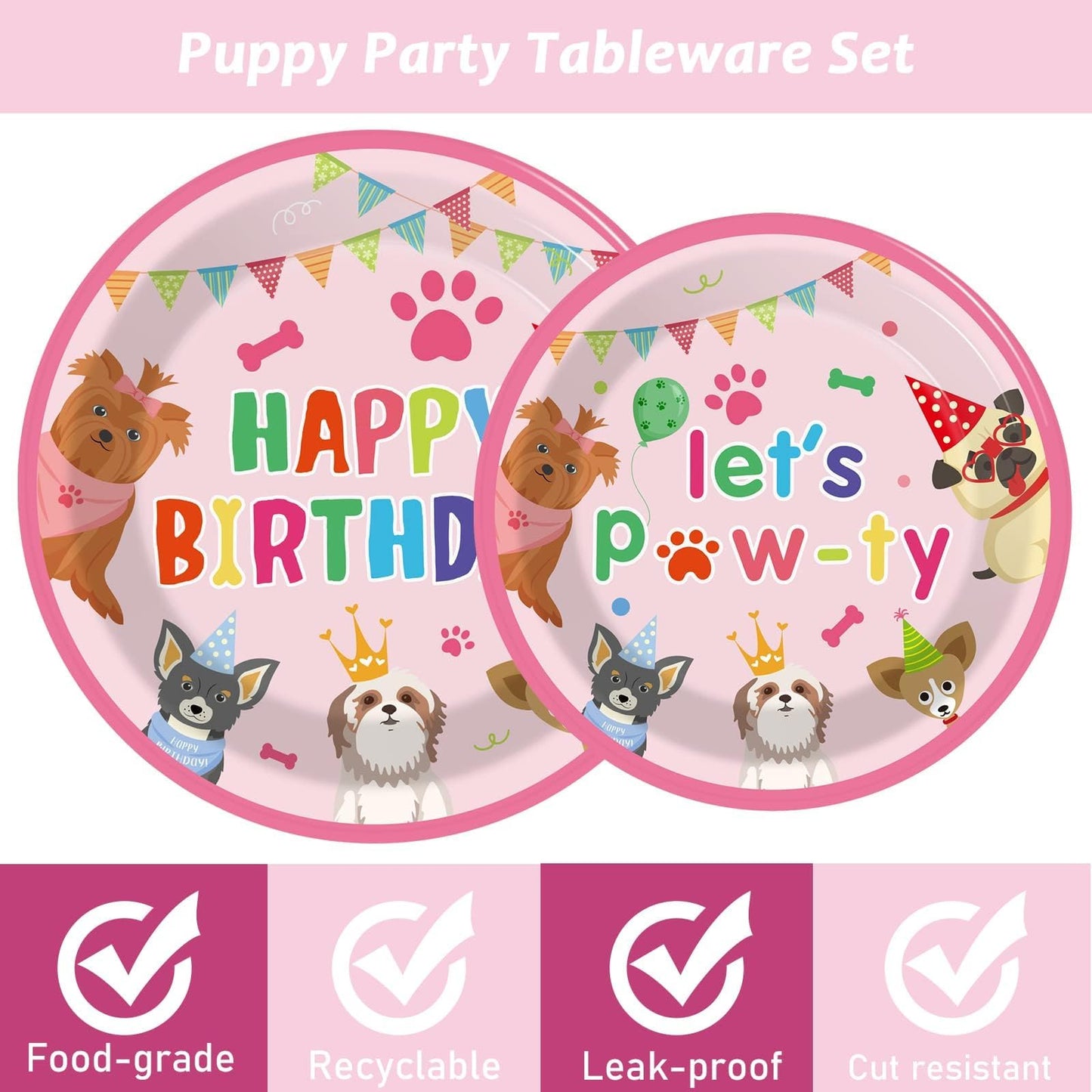 Tevxj 98pcs Dog Birthday Party Decorations – Pink Puppy Tableware Set for Girls' Birthday