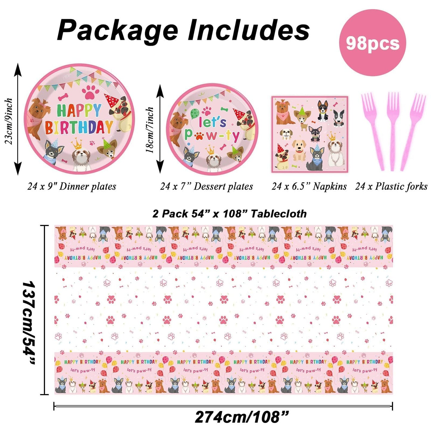 Tevxj 98pcs Dog Birthday Party Decorations – Pink Puppy Tableware Set for Girls' Birthday