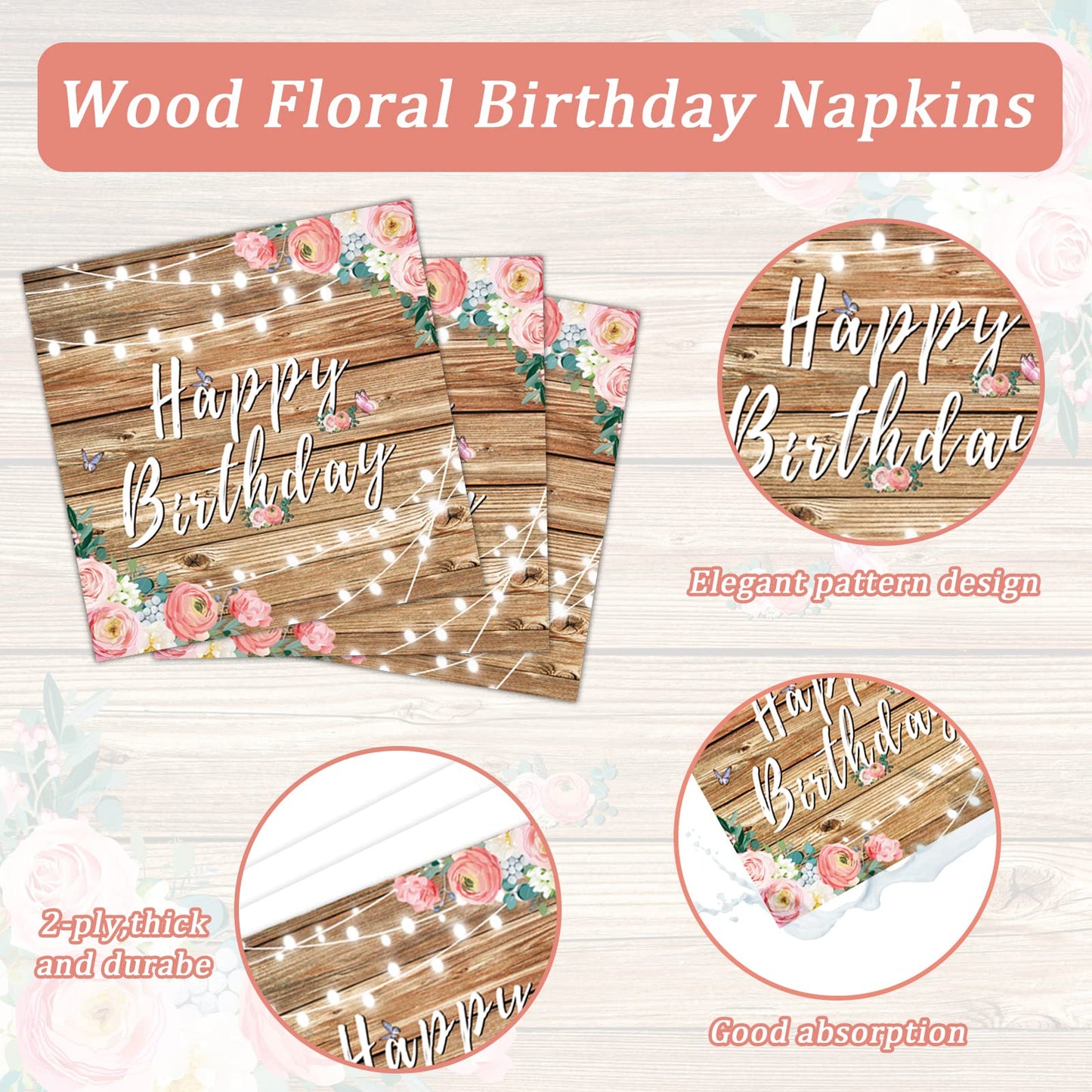Tevxj 96PCS Spring Floral Plates – Wood Grain Pink Flower Set for 24 Guests