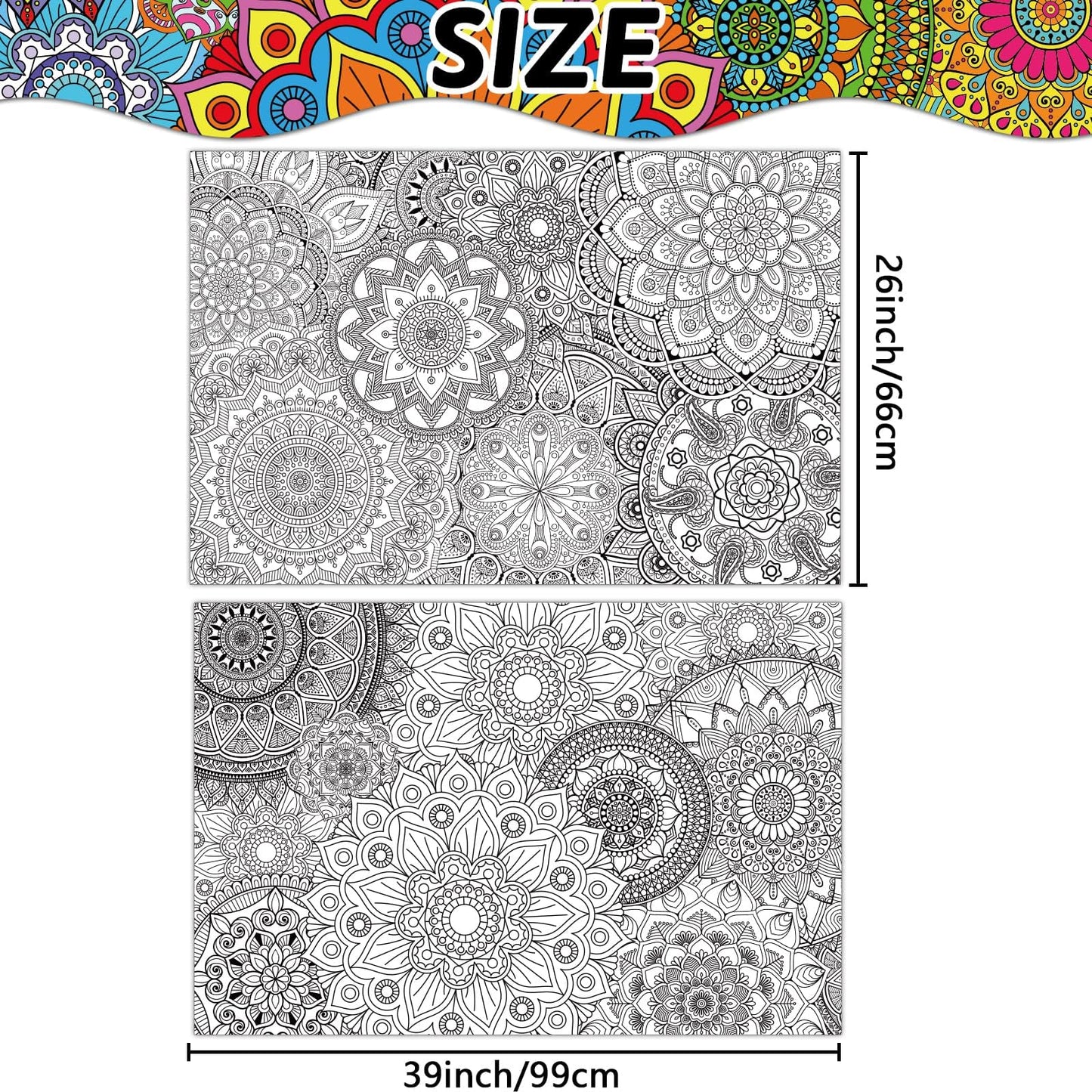Tevxj 2-Pack Giant Mandala Coloring Posters – 39 x 26 Inches Jumbo Coloring Pages for Kids, Teens & Adults
