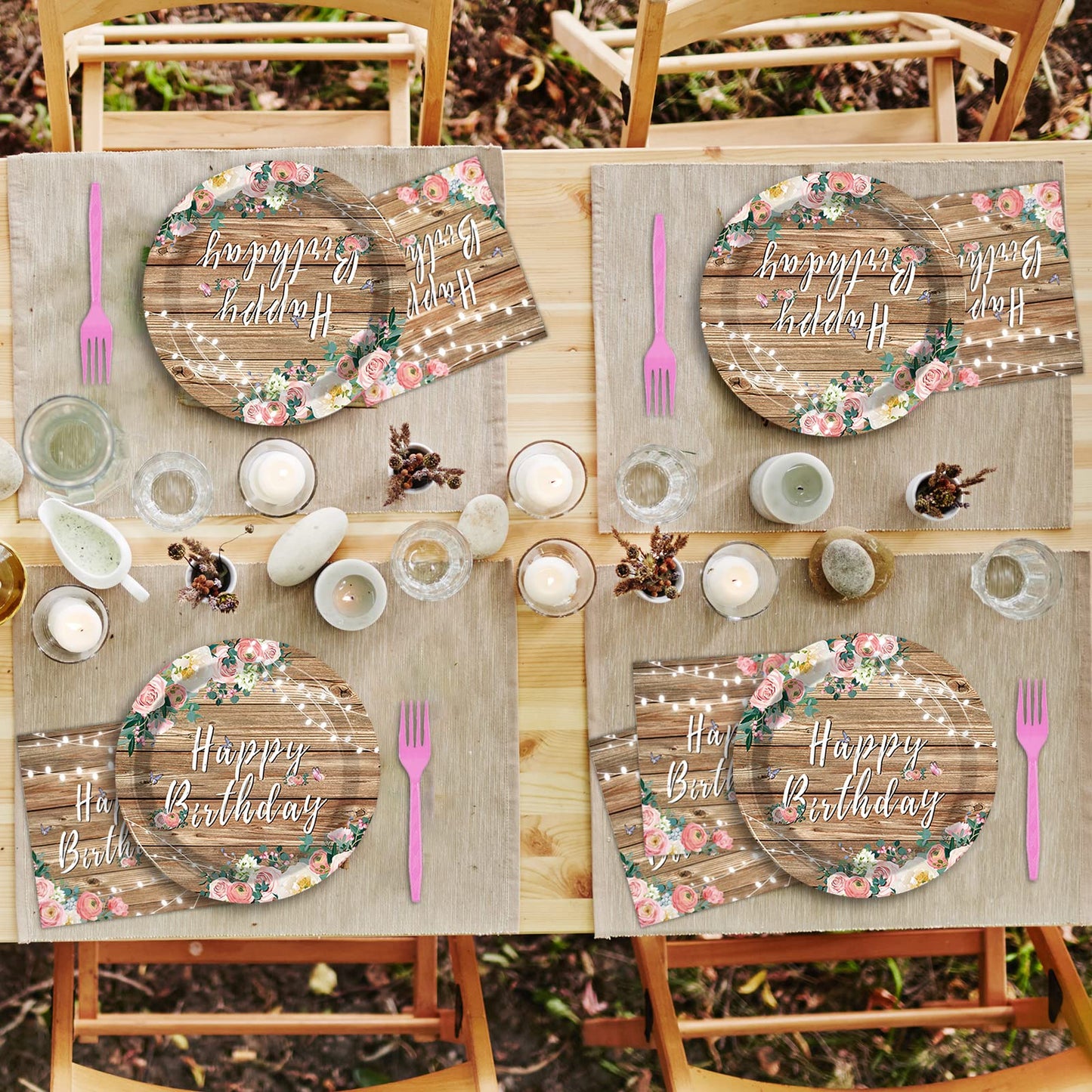 Tevxj 96PCS Spring Floral Plates – Wood Grain Pink Flower Set for 24 Guests