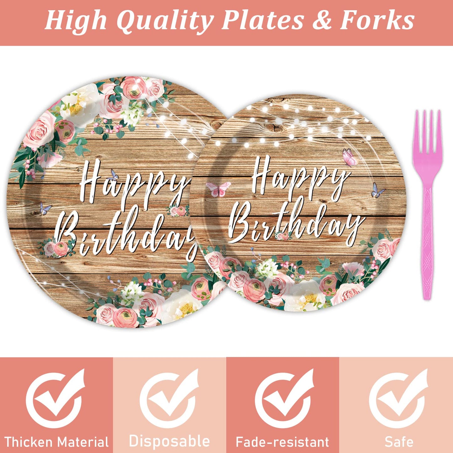 Tevxj 96PCS Spring Floral Plates – Wood Grain Pink Flower Set for 24 Guests
