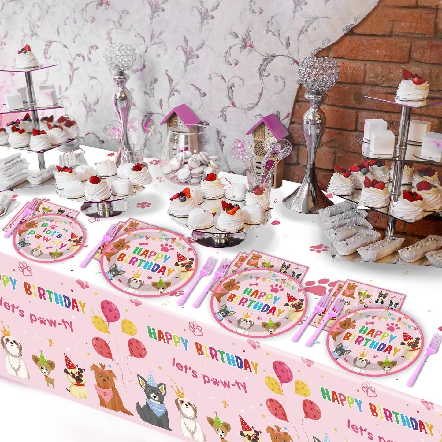 Tevxj 98pcs Dog Birthday Party Decorations – Pink Puppy Tableware Set for Girls' Birthday