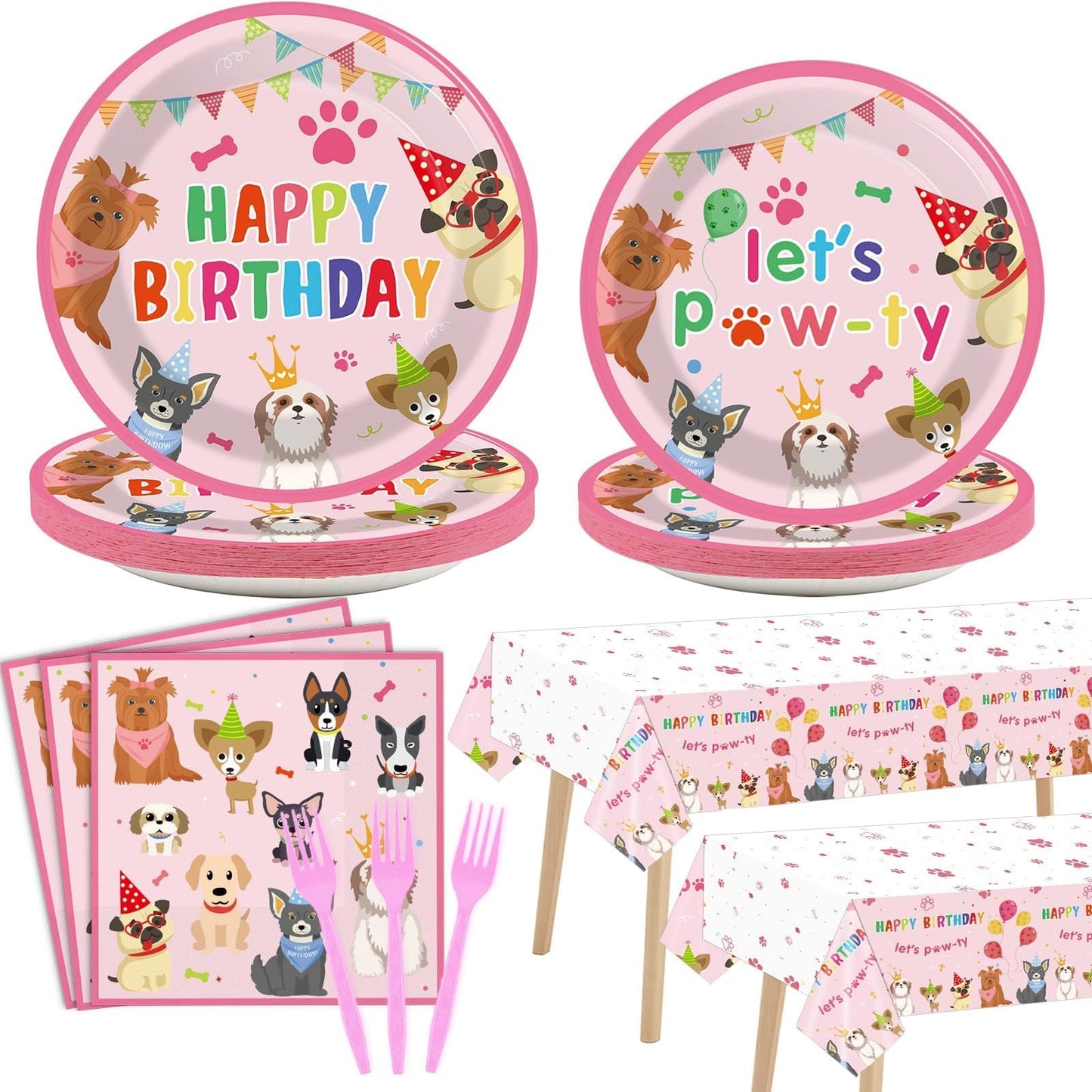 Tevxj 98pcs Dog Birthday Party Decorations – Pink Puppy Tableware Set for Girls' Birthday