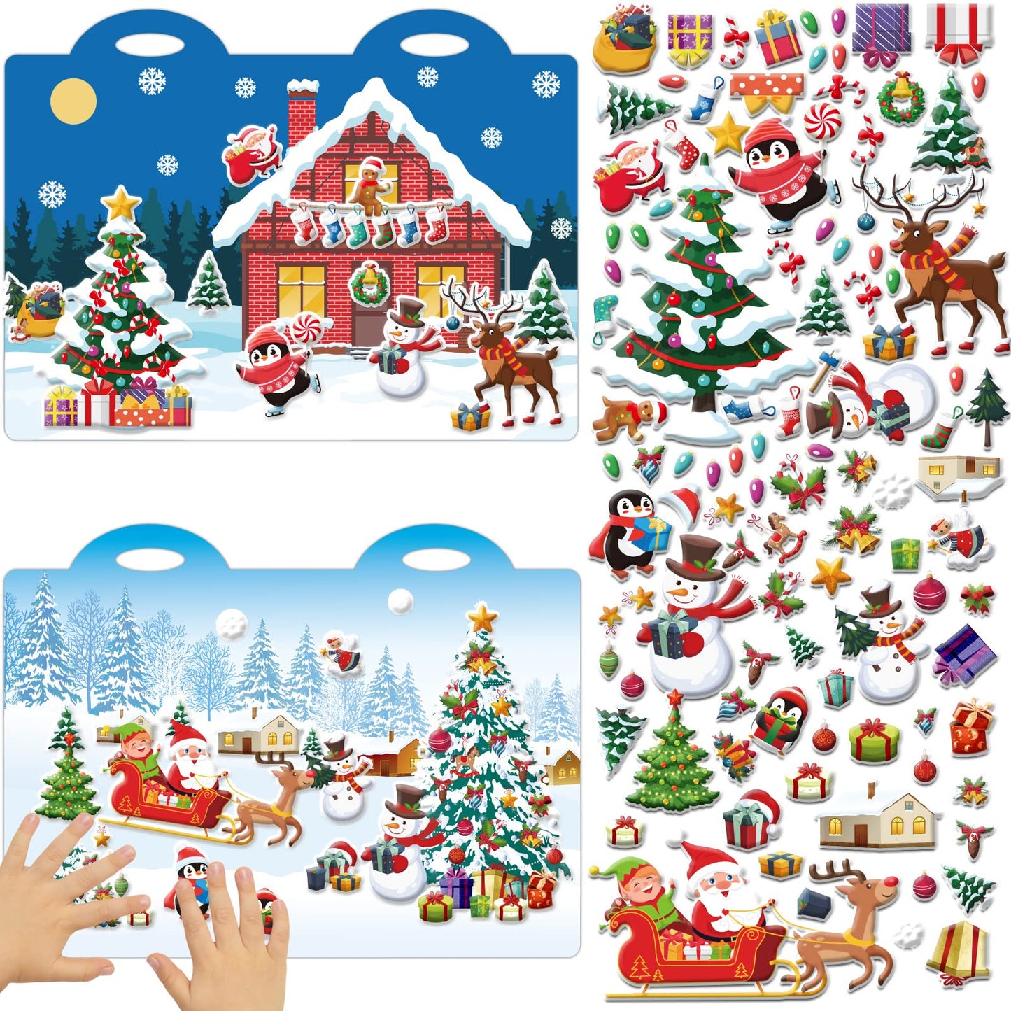Tevxj Winter 3D Puffy Sticker Set – 100 Reusable Xmas Window Clings + 2 Scenes