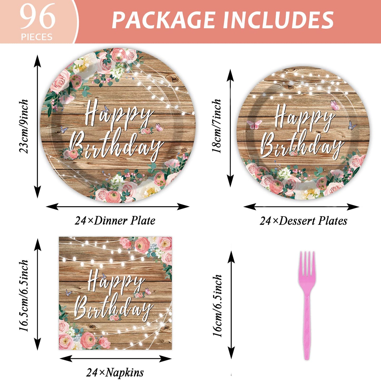 Tevxj 96PCS Spring Floral Plates – Wood Grain Pink Flower Set for 24 Guests