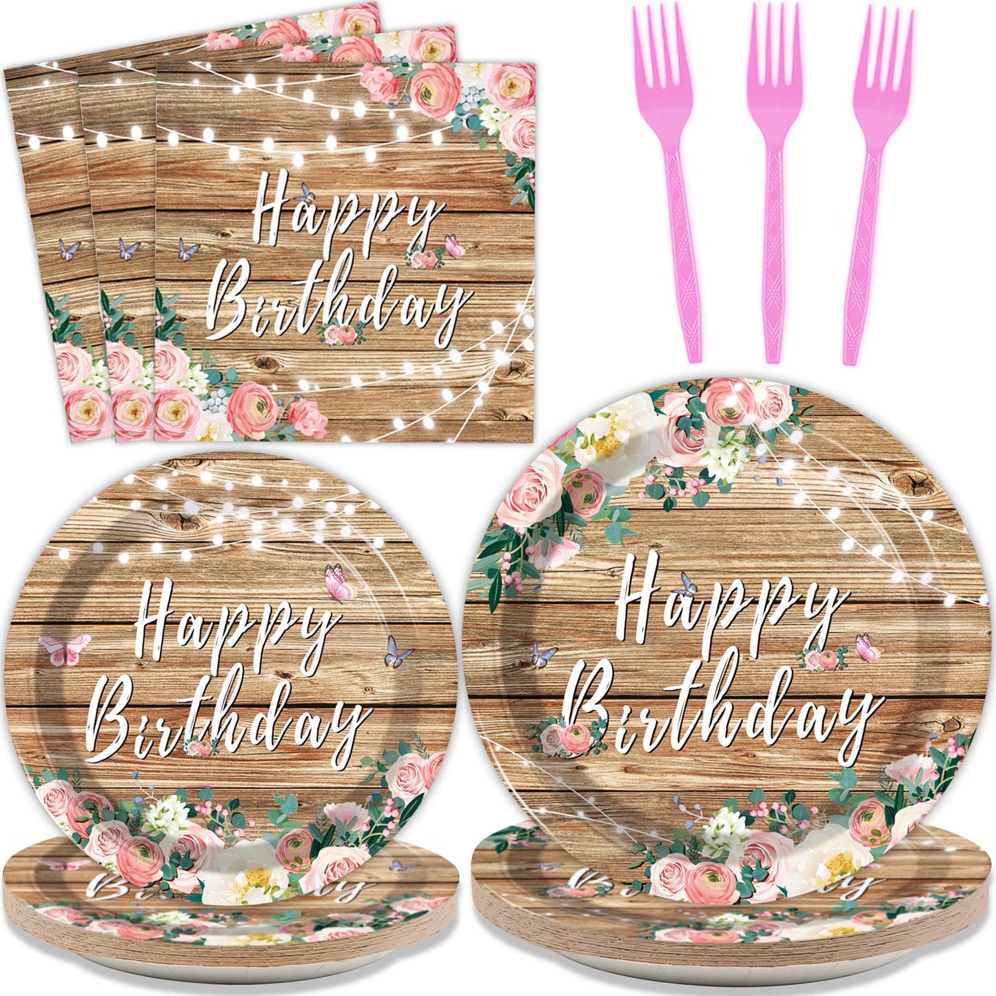 Tevxj 96PCS Spring Floral Plates – Wood Grain Pink Flower Set for 24 Guests