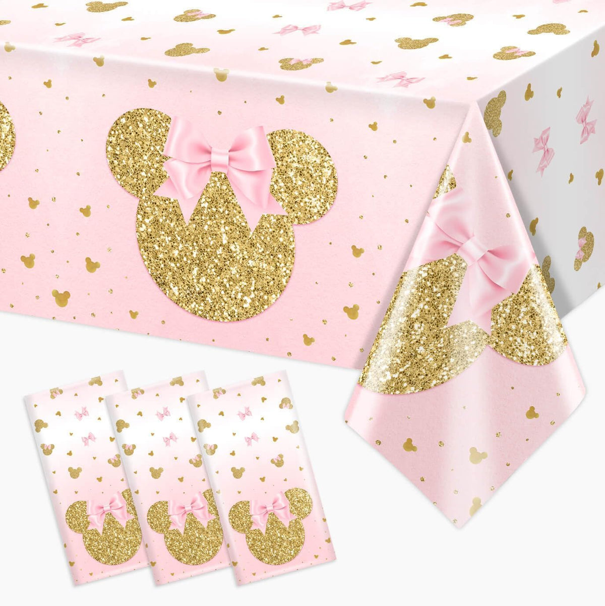 Tewess 3-Piece Pink Mouse Tablecloth Set – Gold Sparkle Disposable Party Cover for Girls