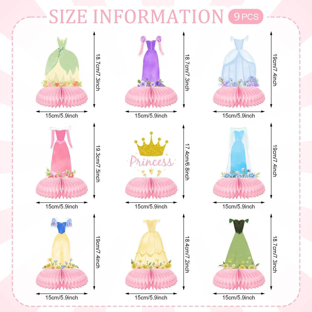 Tewess Princess Honeycomb Centerpieces – 9 Pcs Table Decor for Girl Birthday