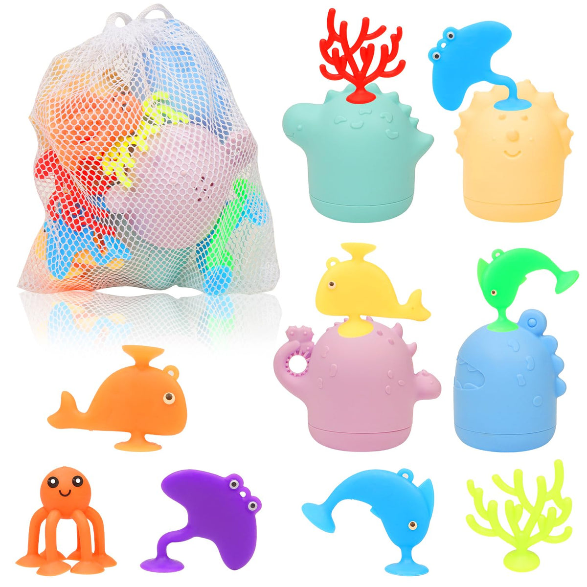 Texviko Baby Bath Toys – 13Pcs Silicone Mold-Free Dino & Sea Creature Set with Storage Bag