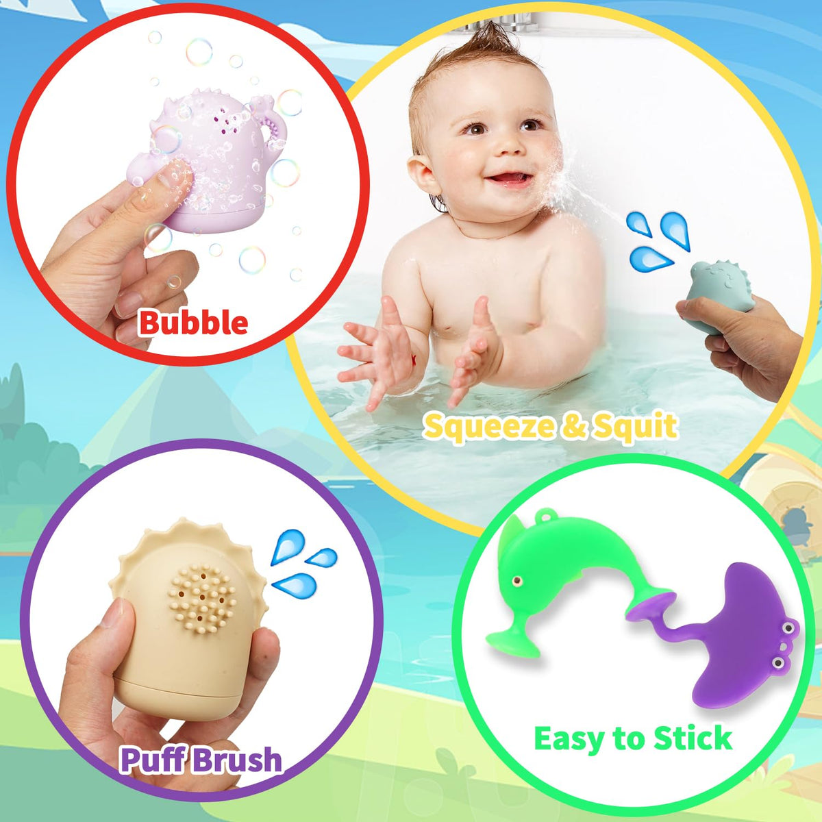 Texviko Baby Bath Toys – 13Pcs Silicone Mold-Free Dino & Sea Creature Set with Storage Bag
