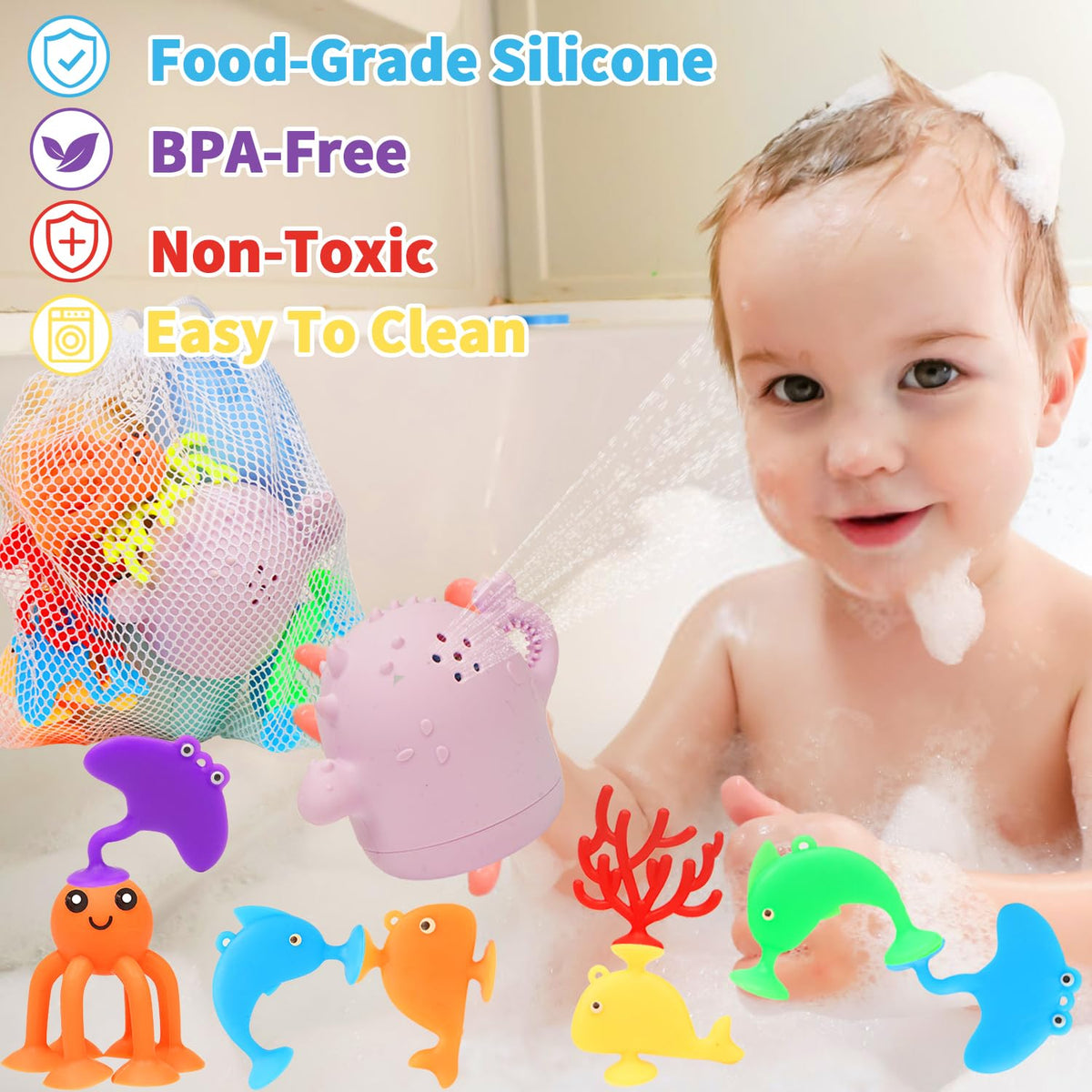Texviko Baby Bath Toys – 13Pcs Silicone Mold-Free Dino & Sea Creature Set with Storage Bag