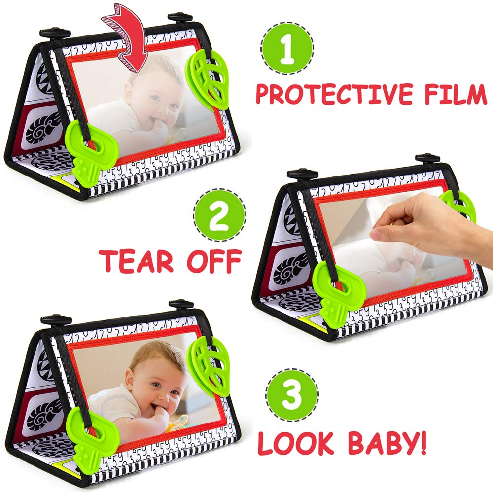 teytoy Tummy Time Baby Mirror Toys with Teethers – Black & White High-Contrast Floor Toys for 0-6 Months
