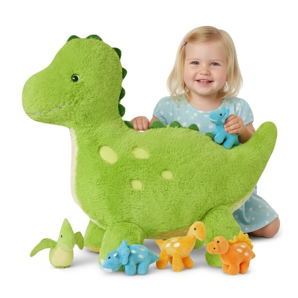 Tezituor Cute Dinosaur Plush Set – 26-Inch Green Dino with 4 Baby Dinos