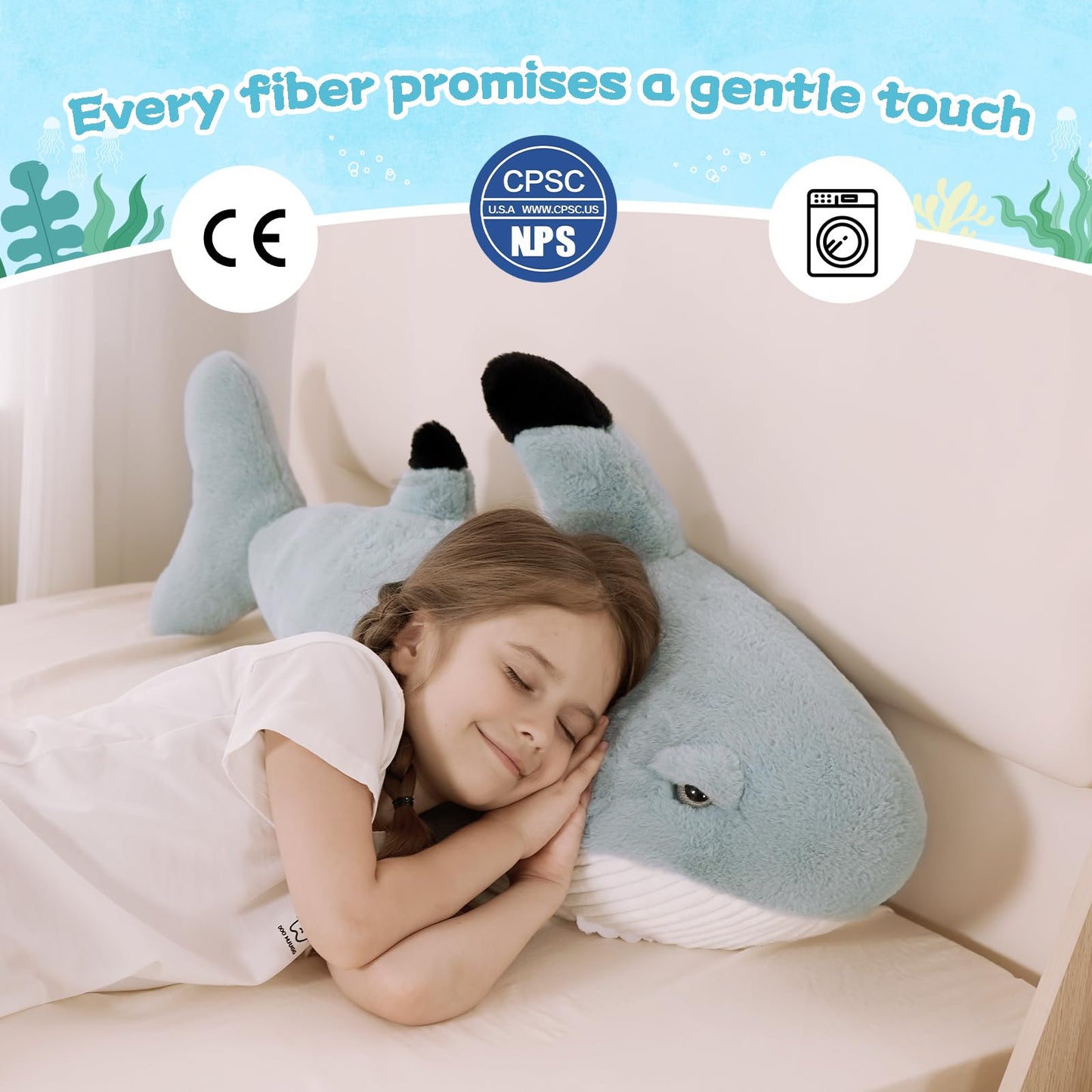Tezituor 32in Great White Shark Plush – Large Shark Stuffed Animal & Pillow