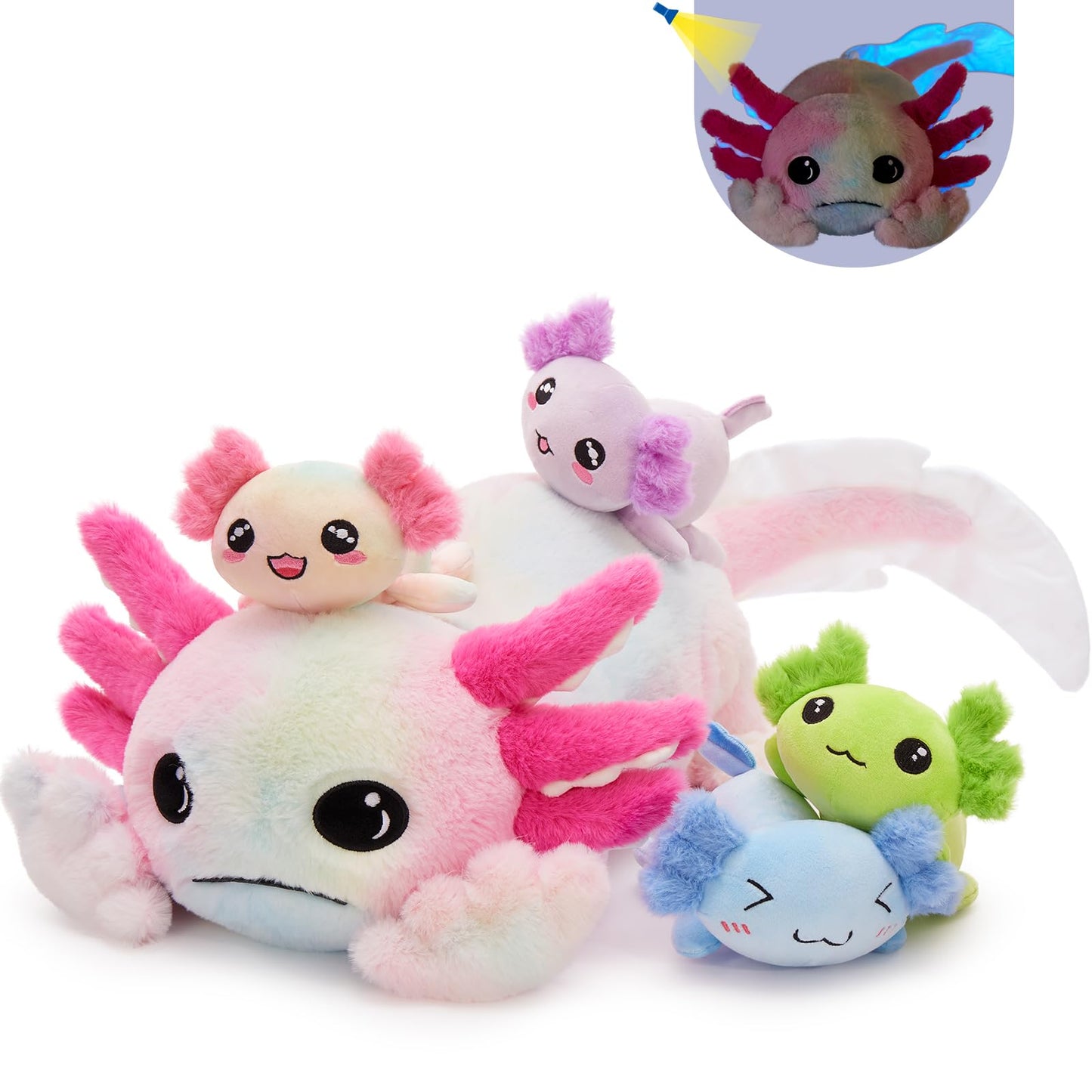 Tezituor Axolotl Giant Plush — 31.5-Inch Glow-in-the-Dark Salamander with 4 Babies
